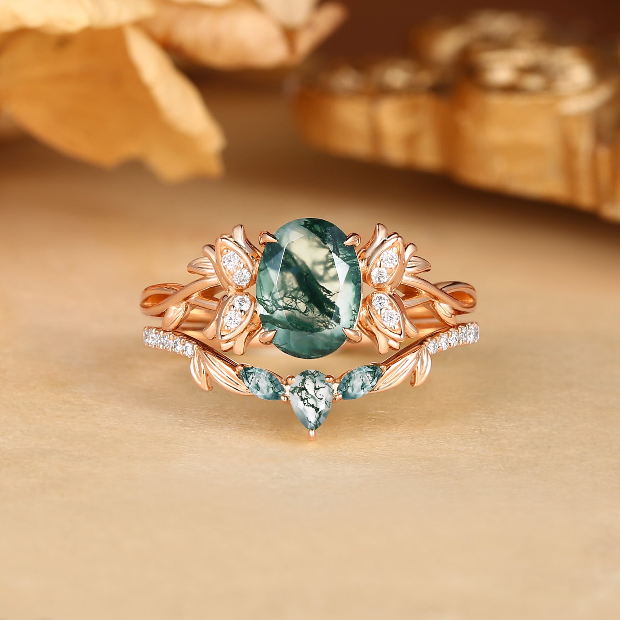 Marigold - Oval Cut Moss Agate Lily of the Valley Flower Twist  Engagement Ring Set 2pcs