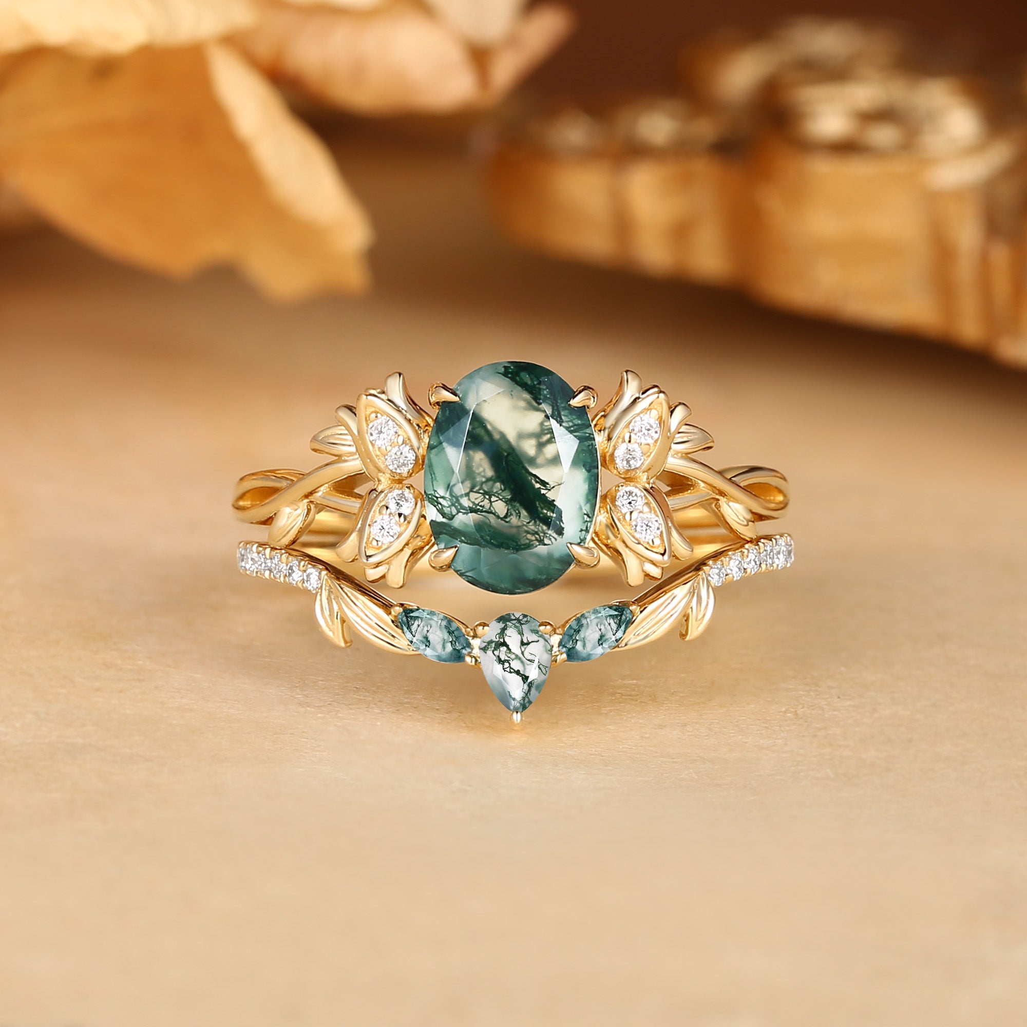 Marigold - Oval Cut Moss Agate Lily of the Valley Flower Twist  Engagement Ring Set 2pcs