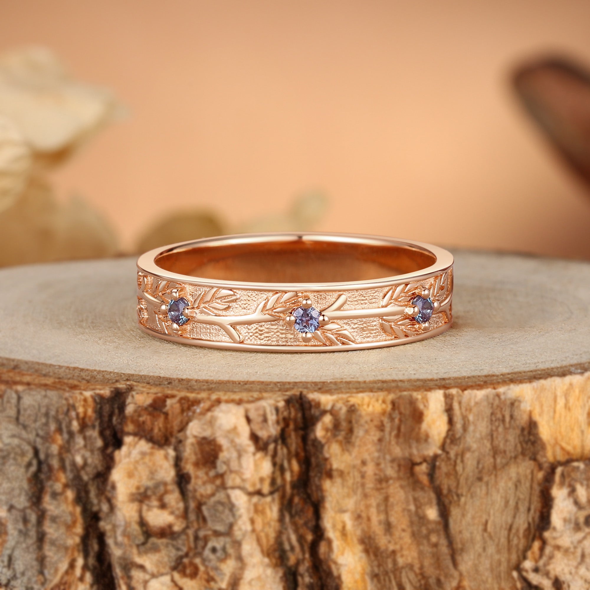 Branch Engraved Leaf Alexandrite Solid Gold Men's Wedding Ring