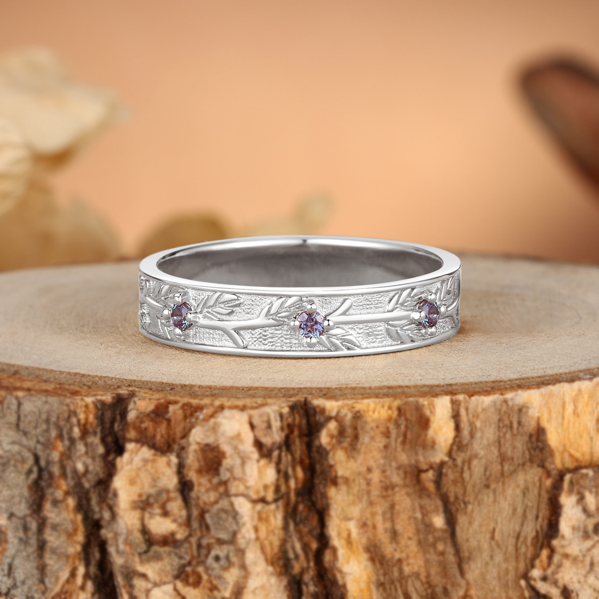 Branch Engraved Leaf Alexandrite Solid Gold Men's Wedding Ring