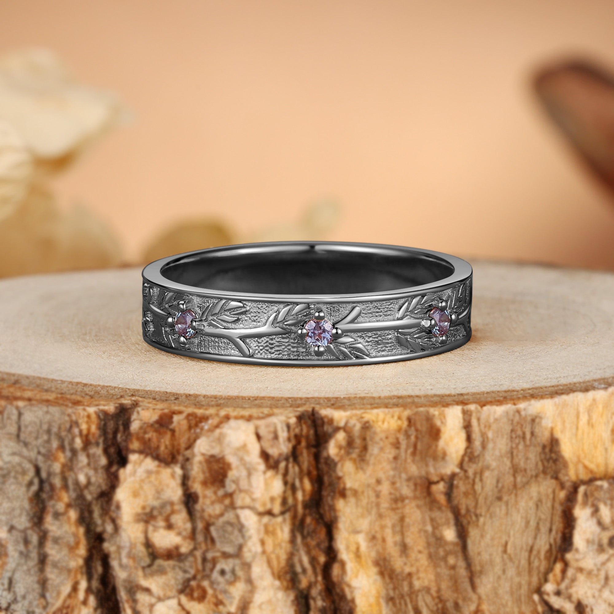 Branch Engraved Leaf Alexandrite Solid Gold Men's Wedding Ring