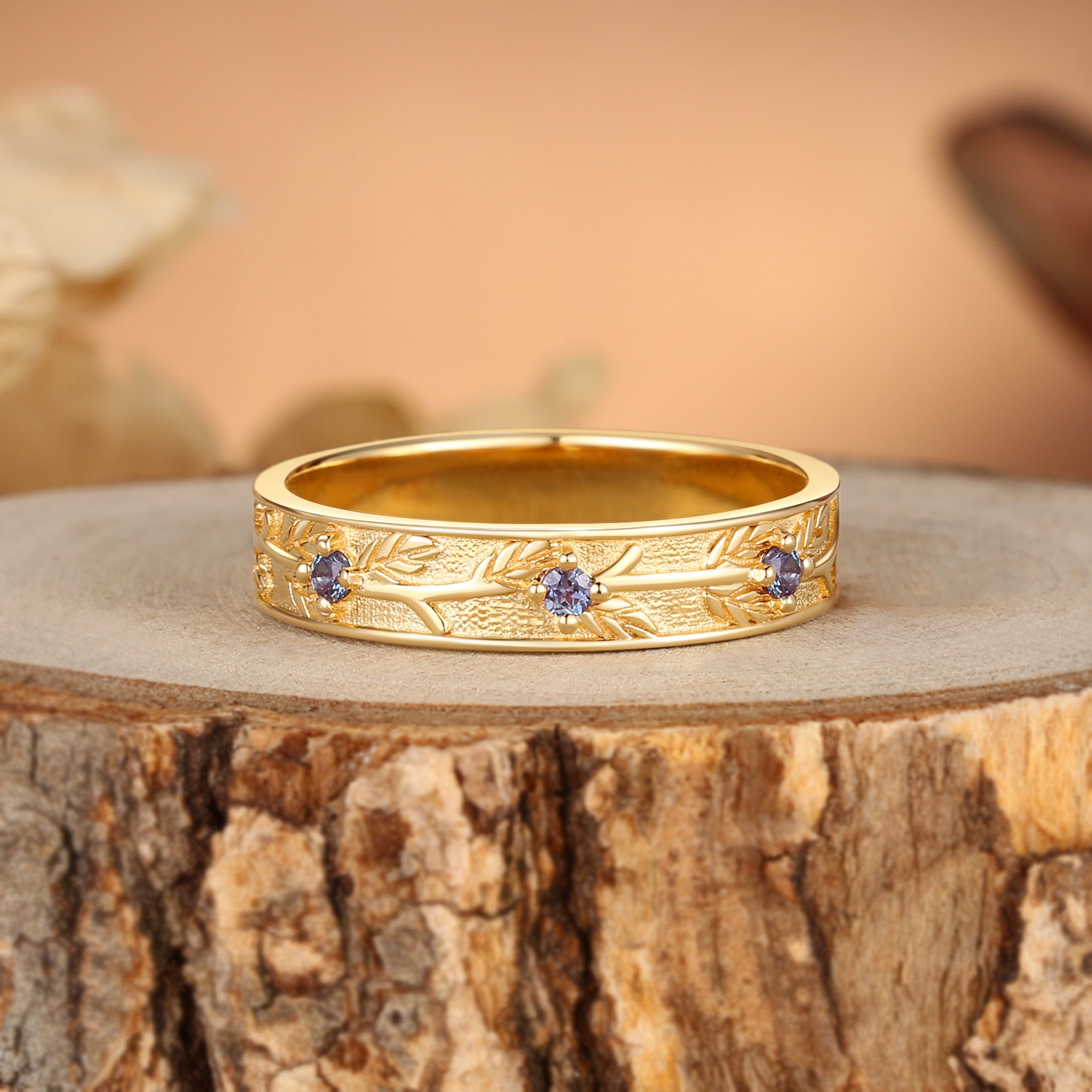 Branch Engraved Leaf Alexandrite Solid Gold Men's Wedding Ring