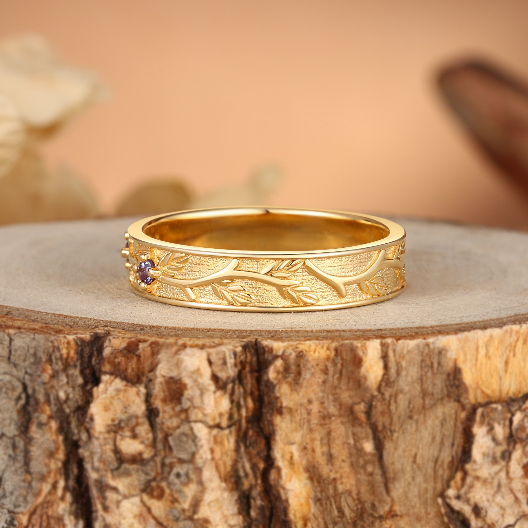 Branch Engraved Leaf Alexandrite Solid Gold Men's Wedding Ring