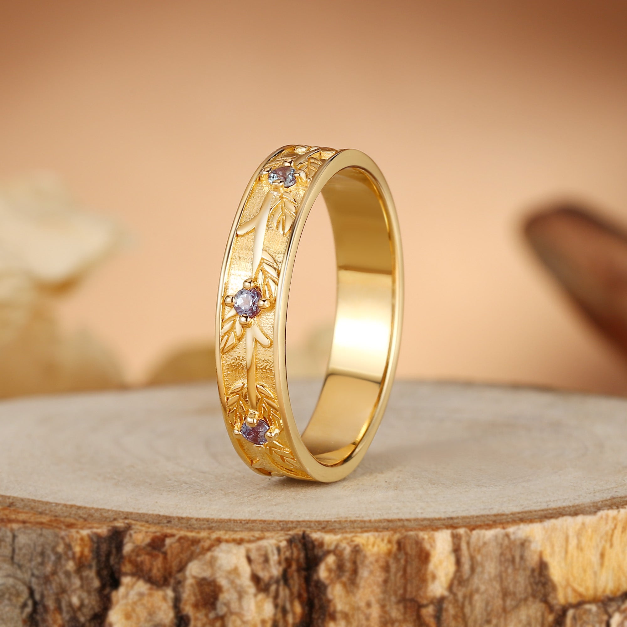 Branch Engraved Leaf Alexandrite Solid Gold Men's Wedding Ring