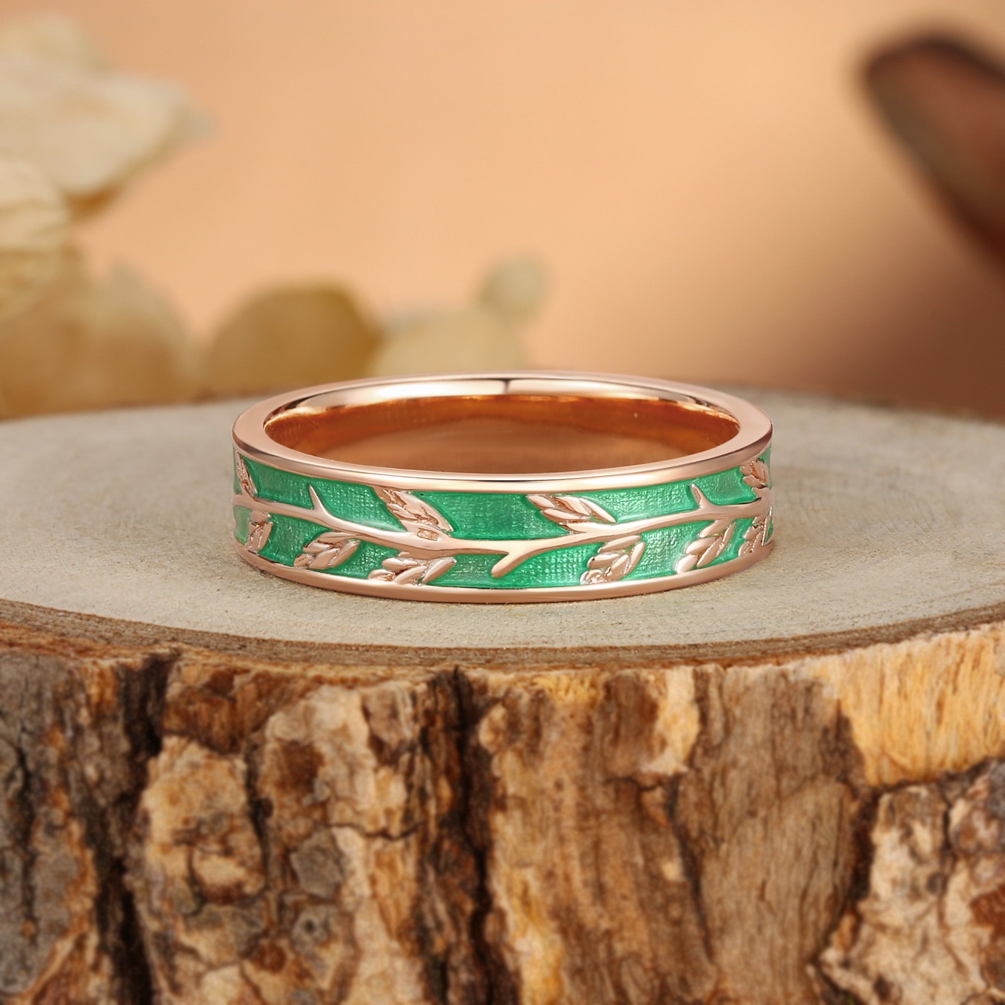 Basilia - Leaf Enamel Nature Inspired Hand Engraved Men’s Wedding Band