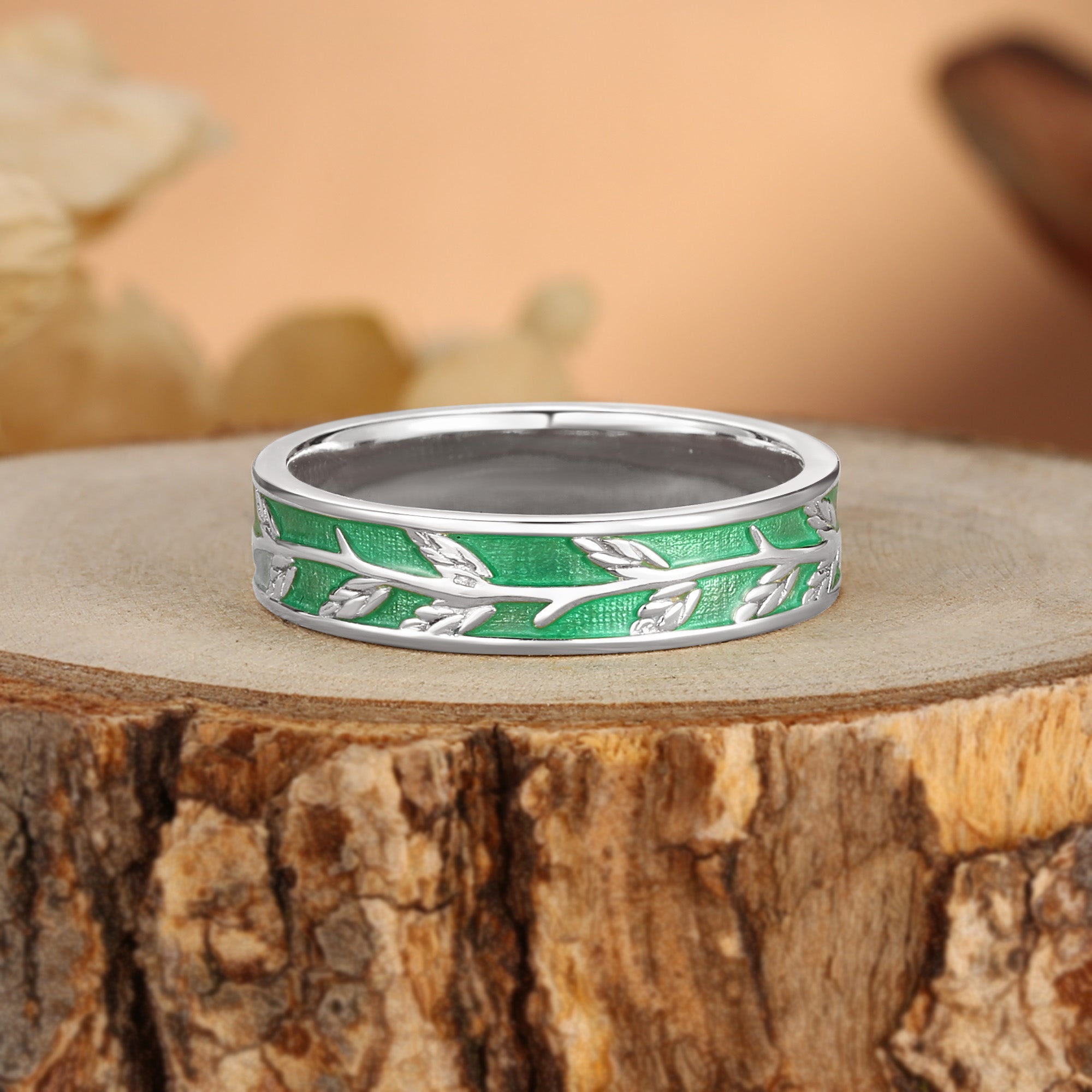 Basilia - Leaf Enamel Nature Inspired Hand Engraved Men’s Wedding Band