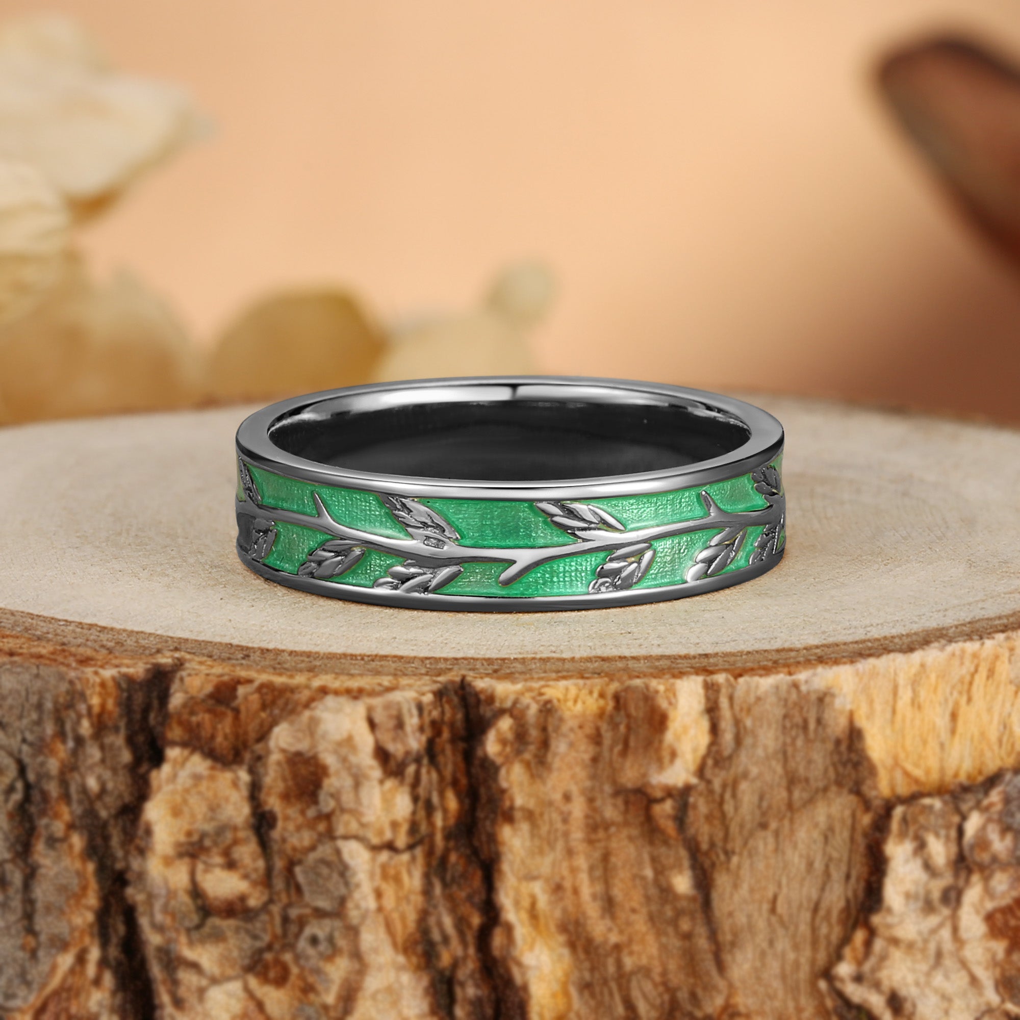 Basilia - Leaf Enamel Nature Inspired Hand Engraved Men’s Wedding Band