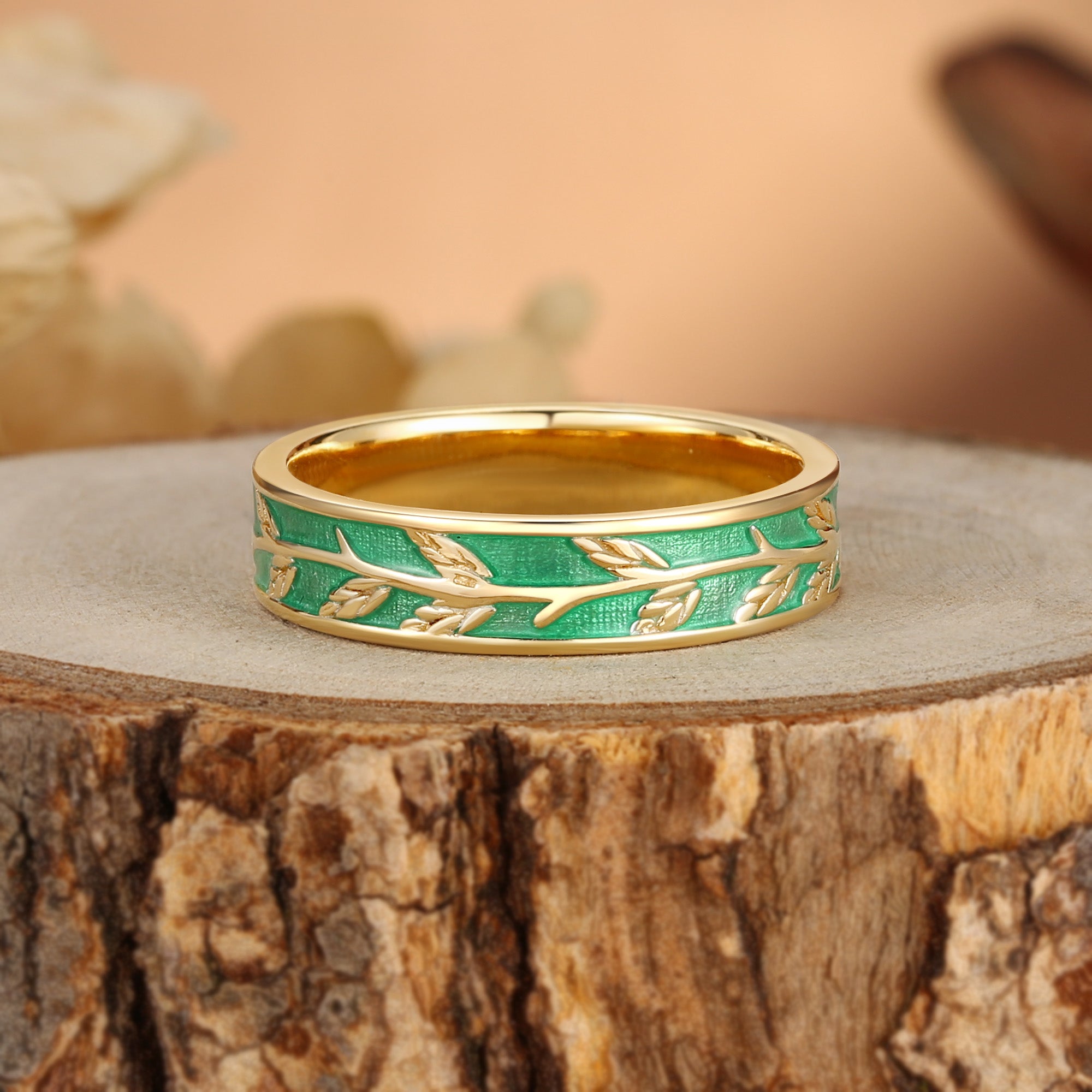 Basilia - Leaf Enamel Nature Inspired Hand Engraved Men’s Wedding Band