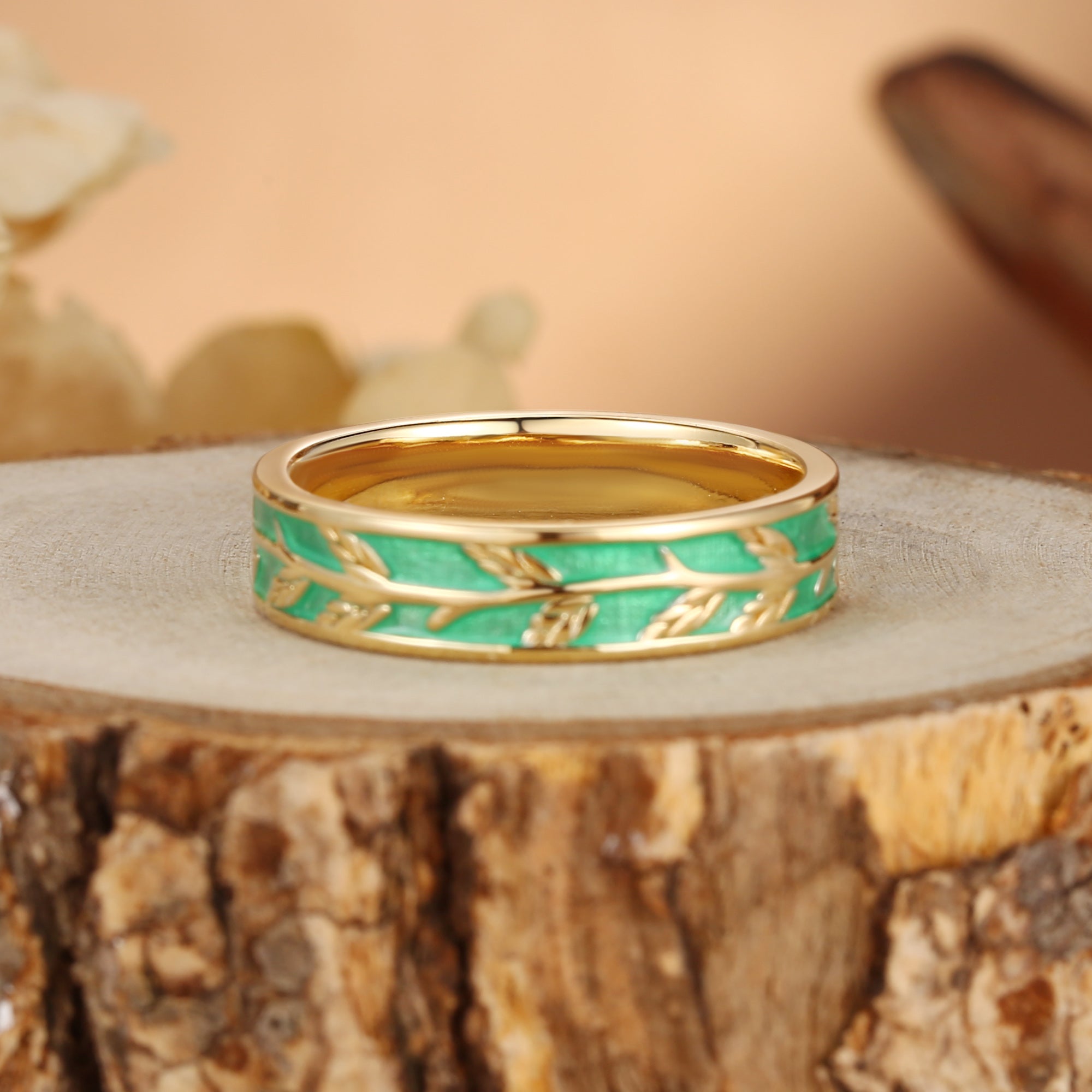 Basilia - Leaf Enamel Nature Inspired Hand Engraved Men’s Wedding Band