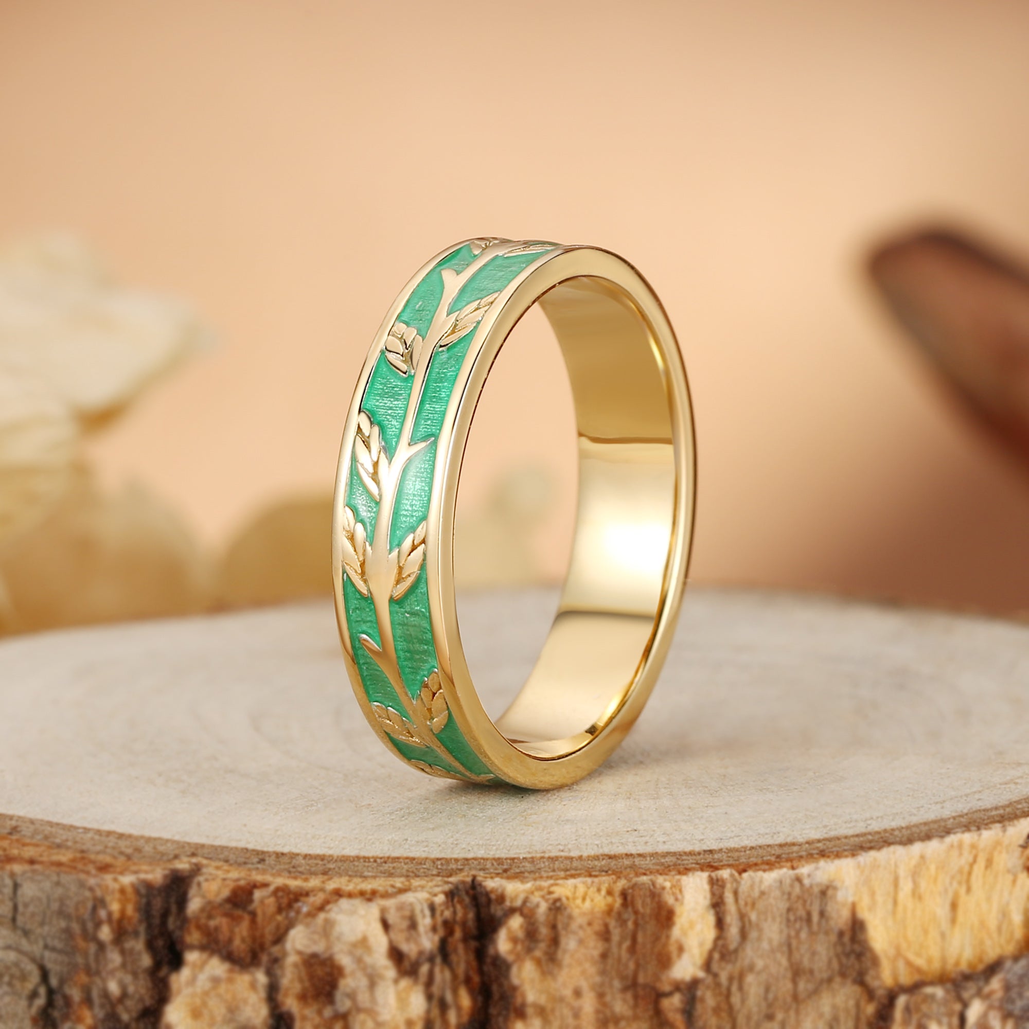 Basilia - Leaf Enamel Nature Inspired Hand Engraved Men’s Wedding Band