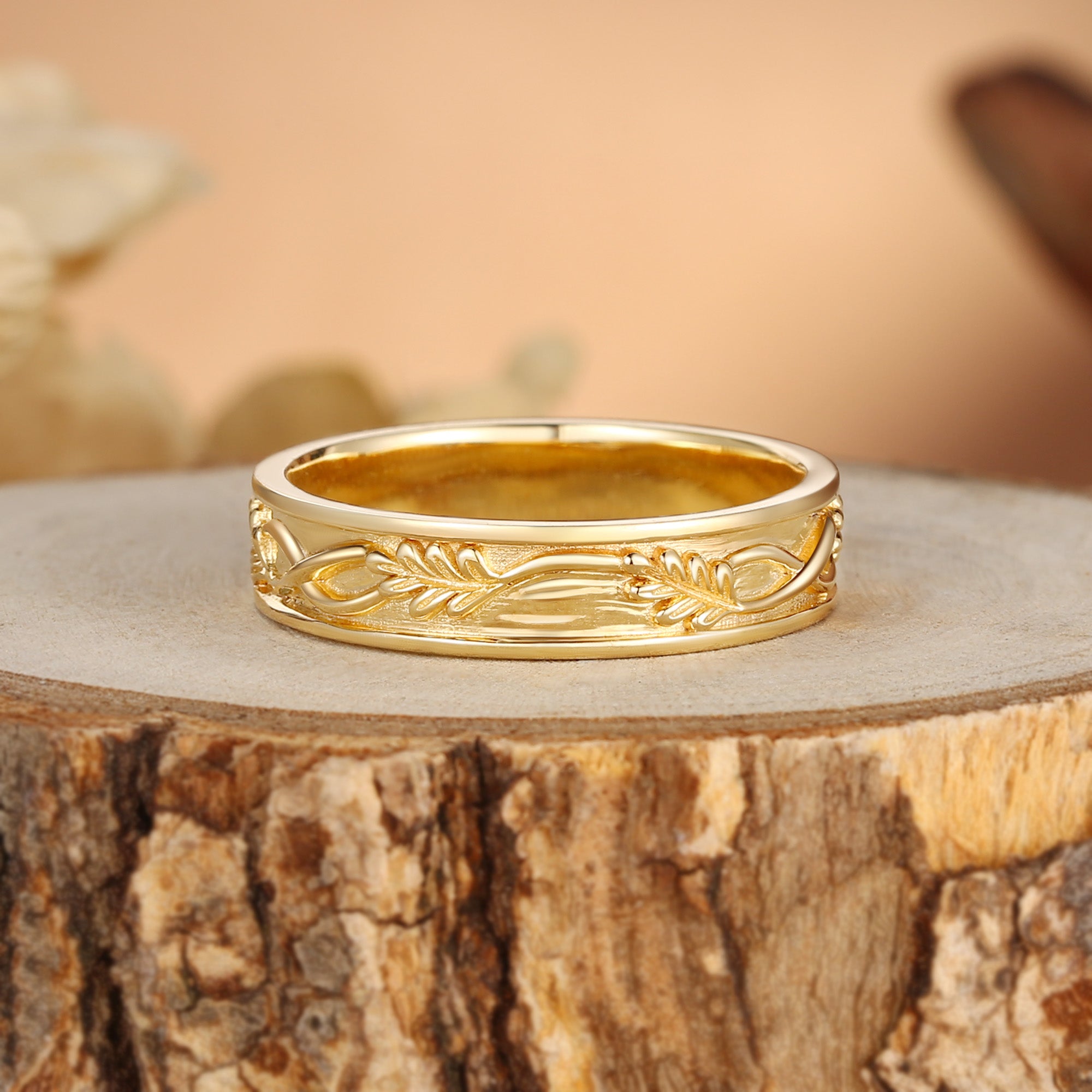 5MM Oak Leaf Nature Inspired Branch Engraved Men’s Wedding Band