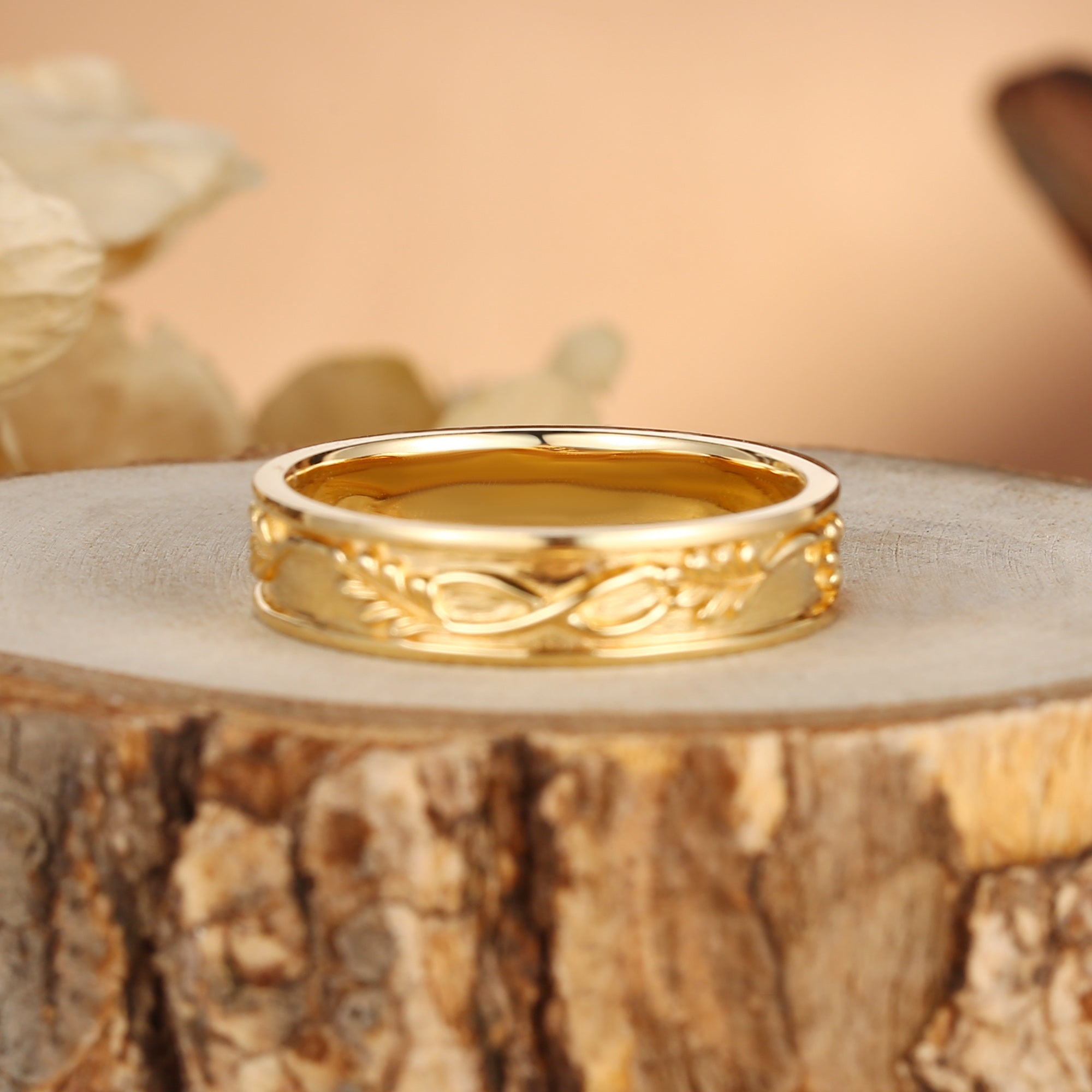 5MM Oak Leaf Nature Inspired Branch Engraved Men’s Wedding Band