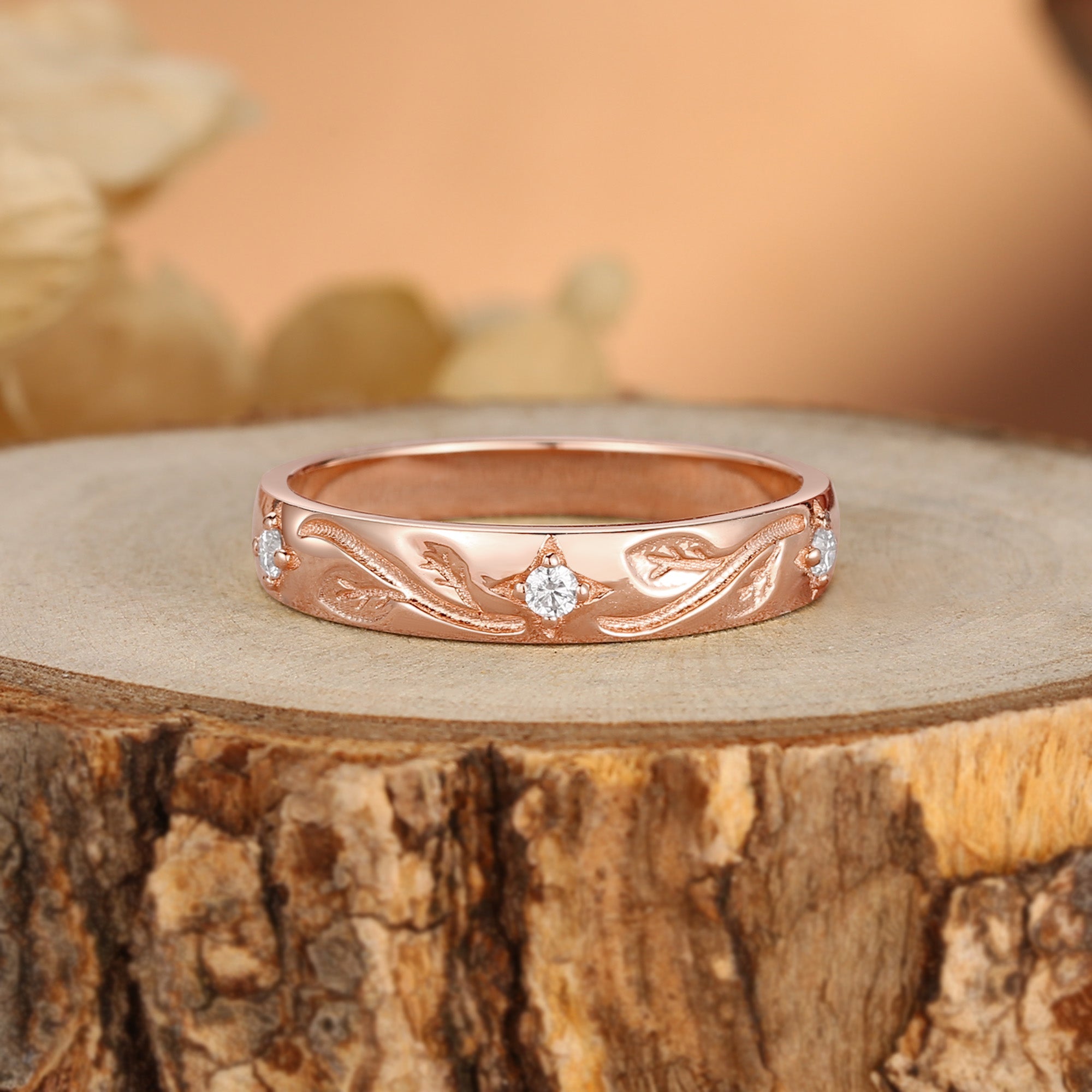 5MM Moissanite Leafy Engraved Promise Gold Men Rings