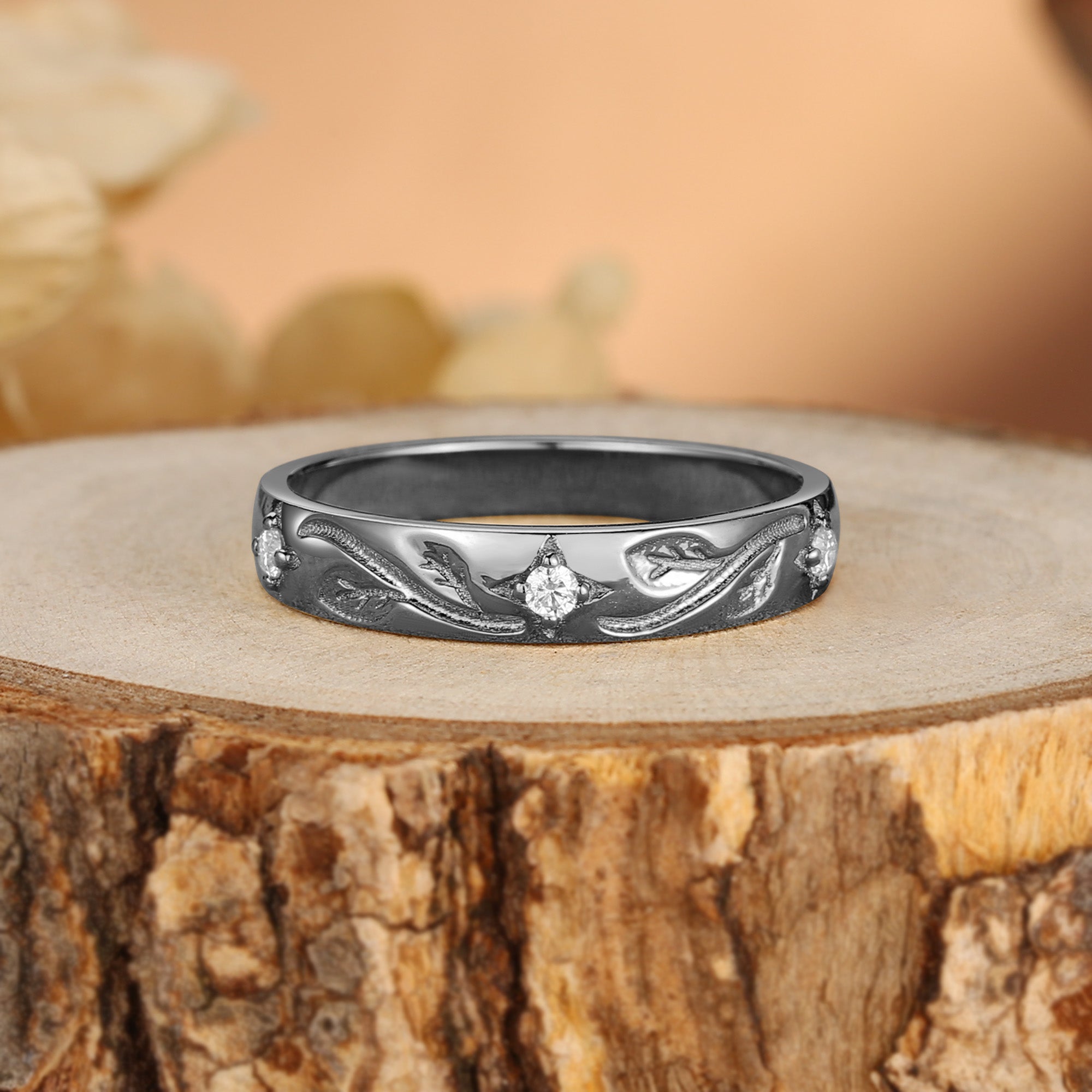 5MM Moissanite Leafy Engraved Promise Gold Men Rings