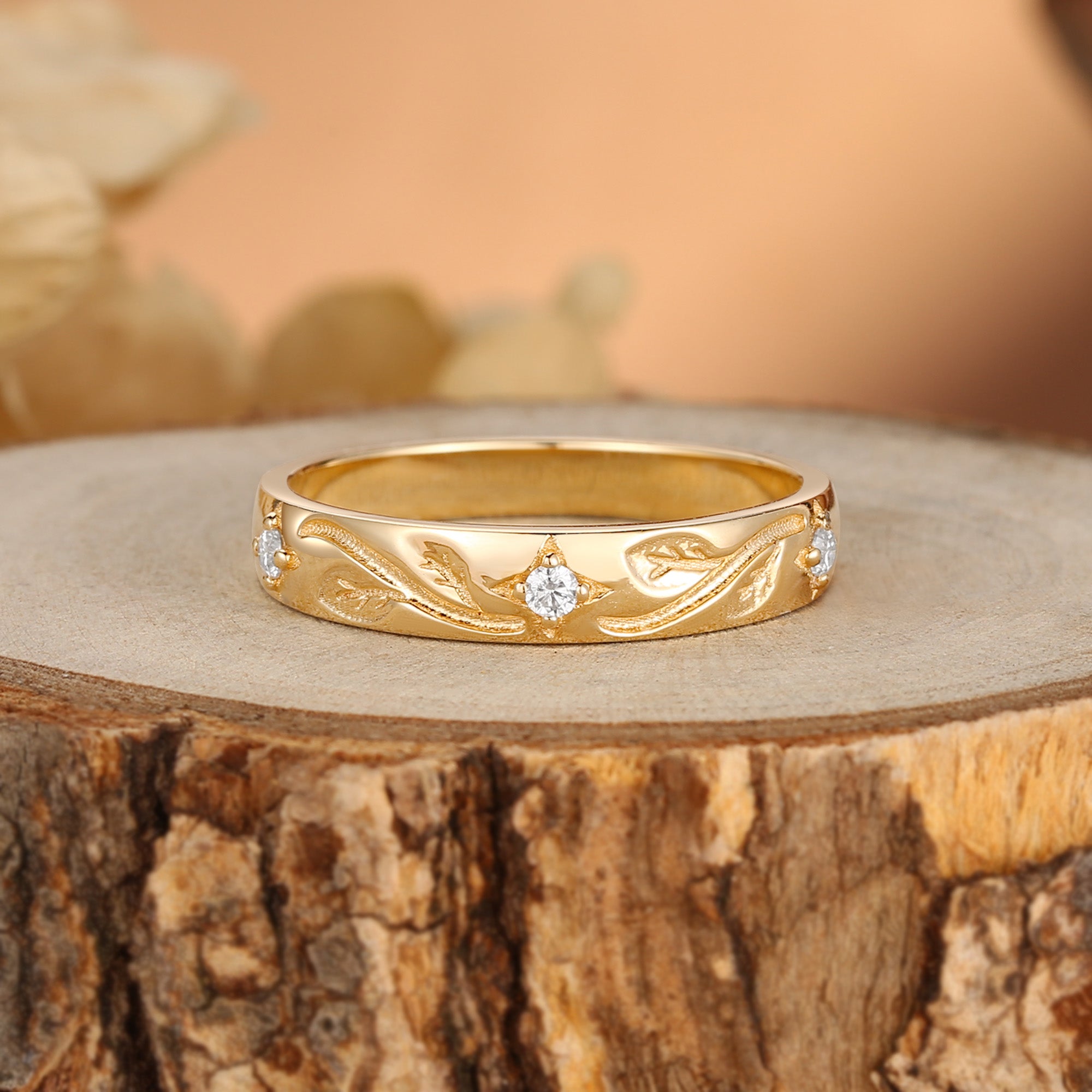 5MM Moissanite Leafy Engraved Promise Gold Men Rings