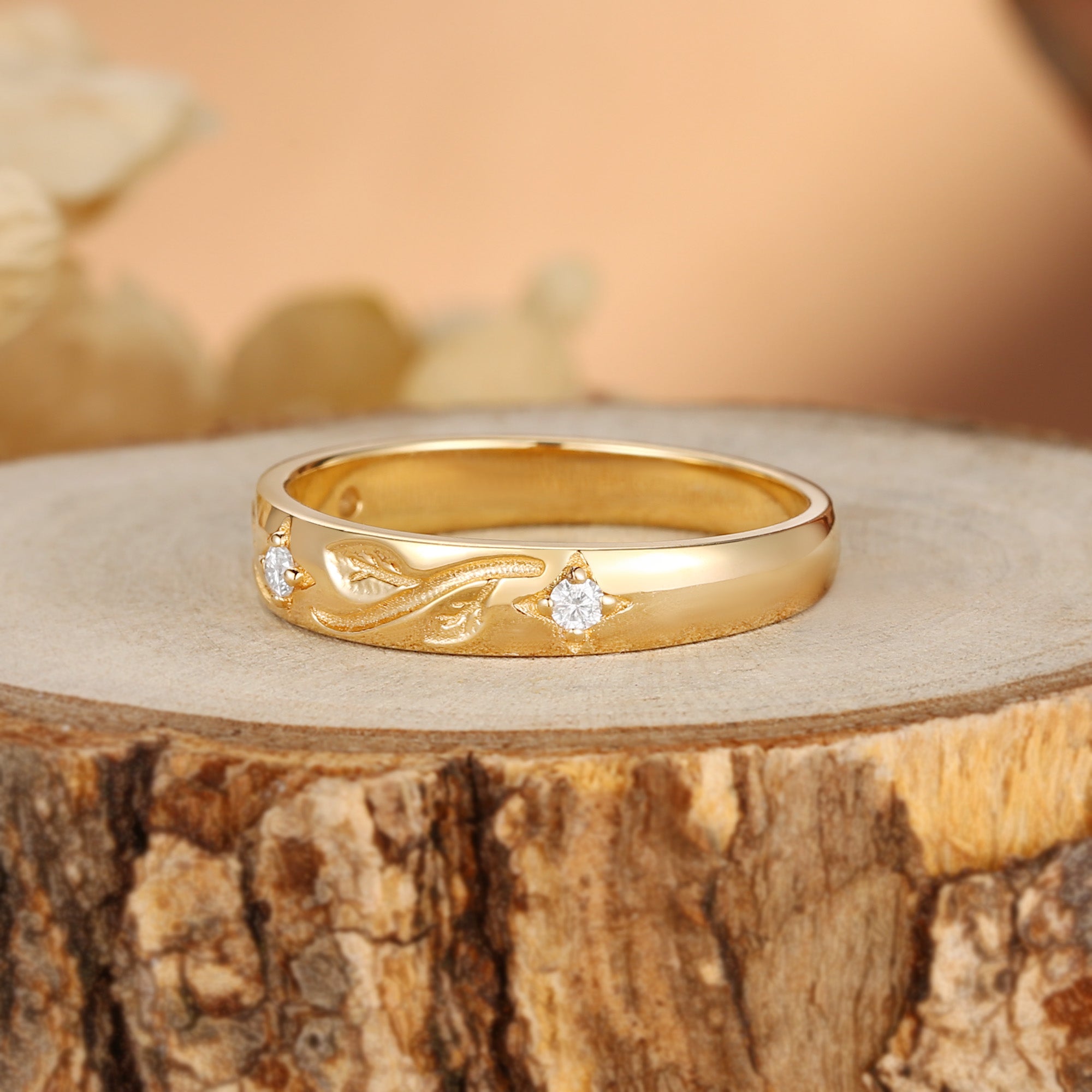 5MM Moissanite Leafy Engraved Promise Gold Men Rings