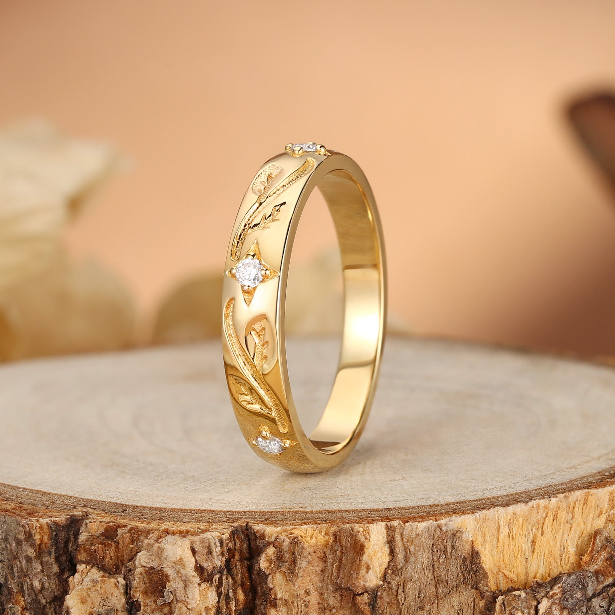 5MM Moissanite Leafy Engraved Promise Gold Men Rings