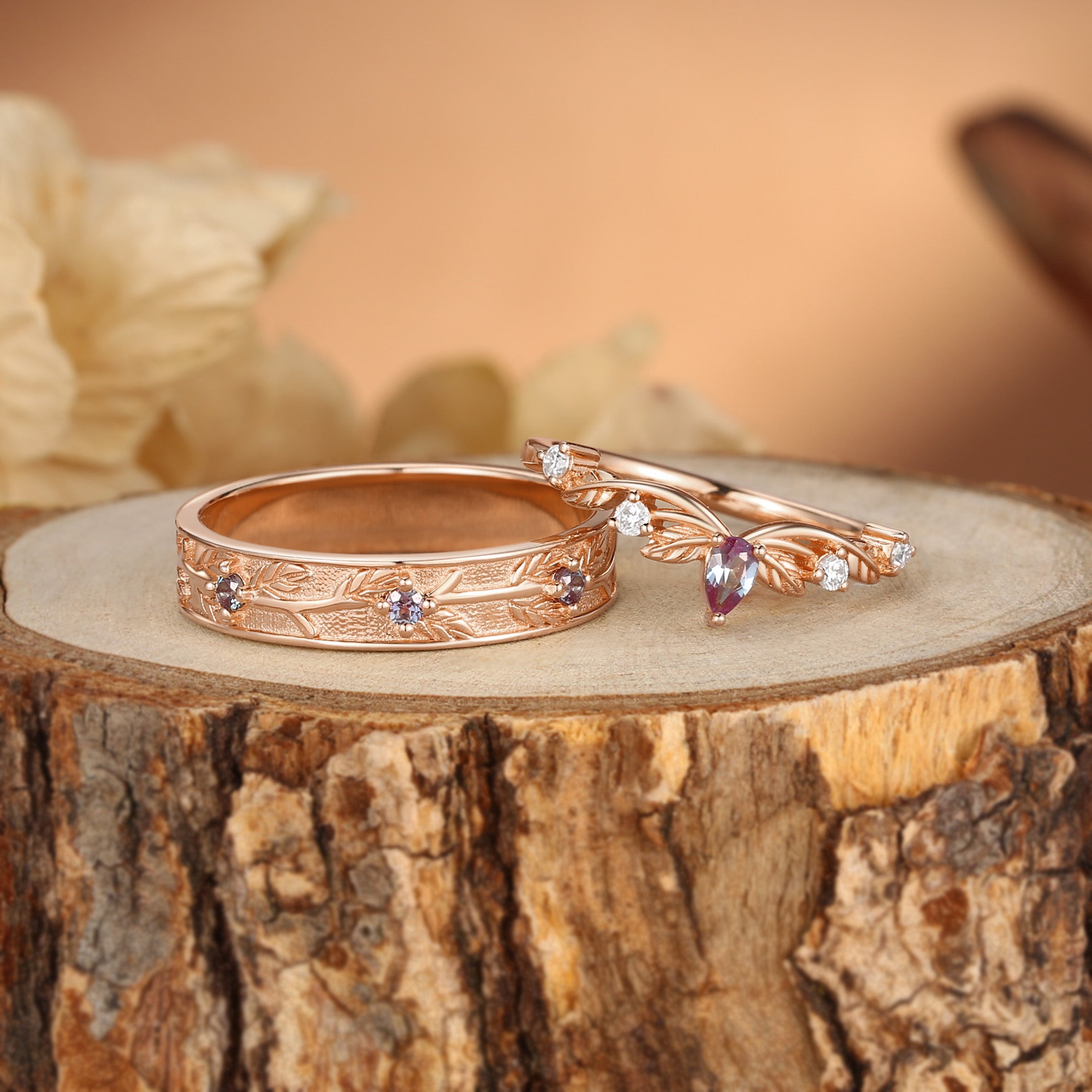 Couple Ring - Branch Engraved Leaf Alexandrite Bands For Men & Women 2pcs