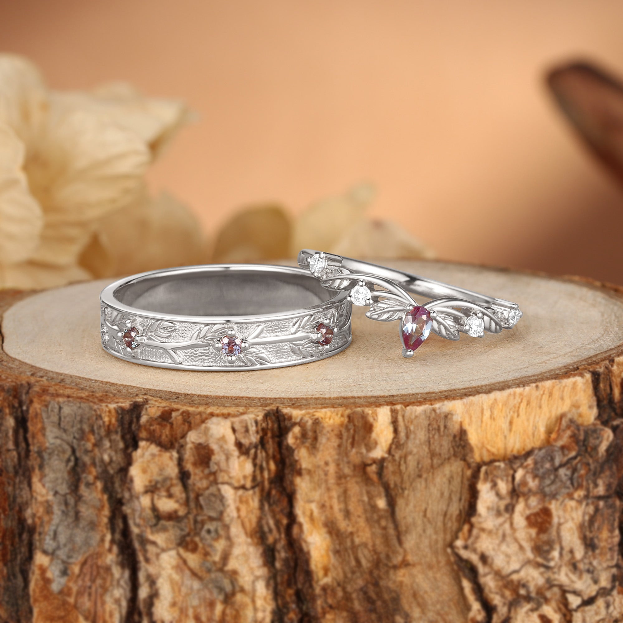 Couple Ring - Branch Engraved Leaf Alexandrite Bands For Men & Women 2pcs