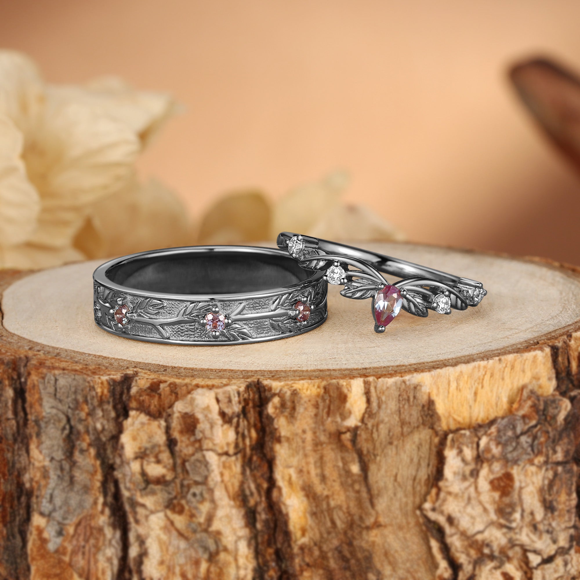 Couple Ring - Branch Engraved Leaf Alexandrite Bands For Men & Women 2pcs