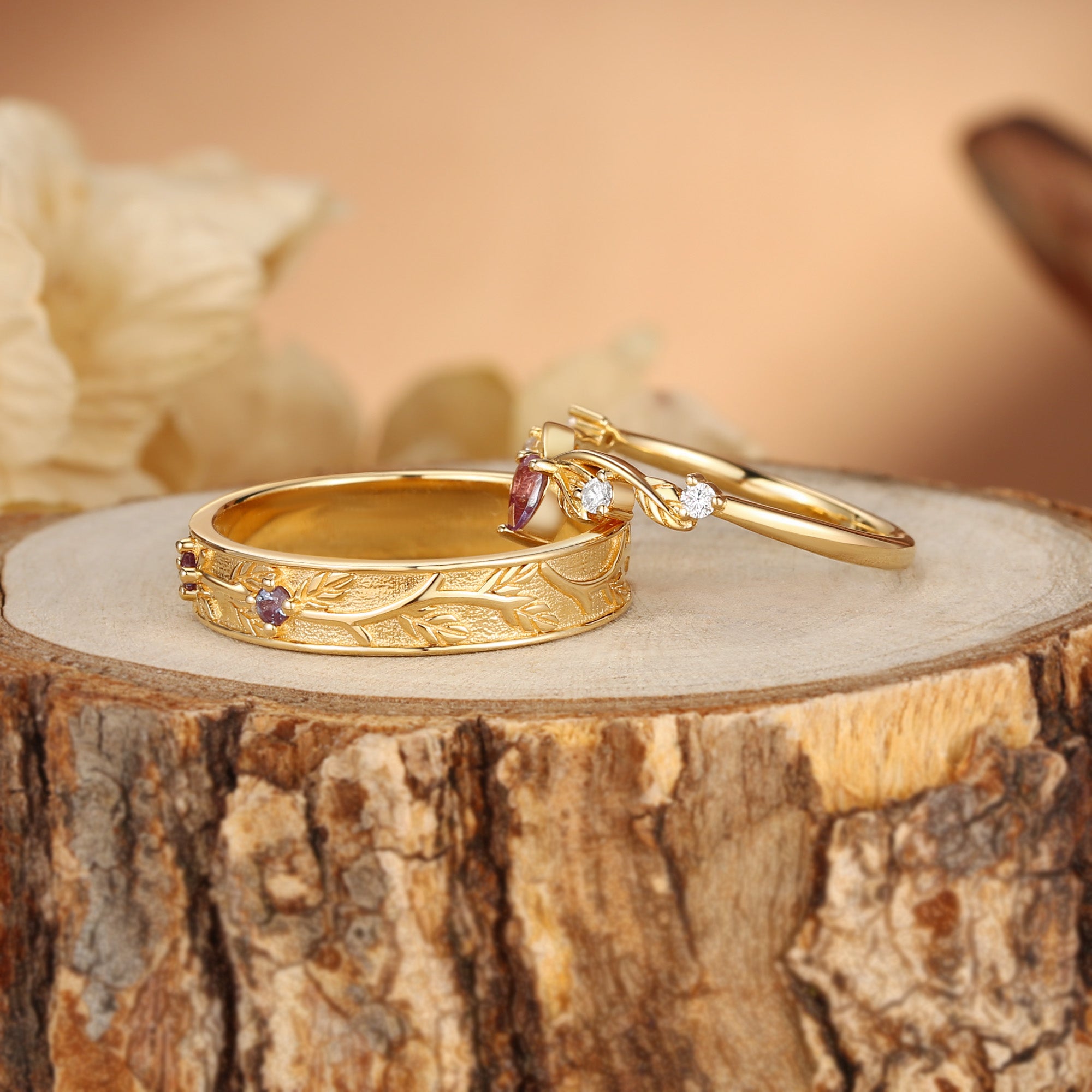 Couple Ring - Branch Engraved Leaf Alexandrite Bands For Men & Women 2pcs