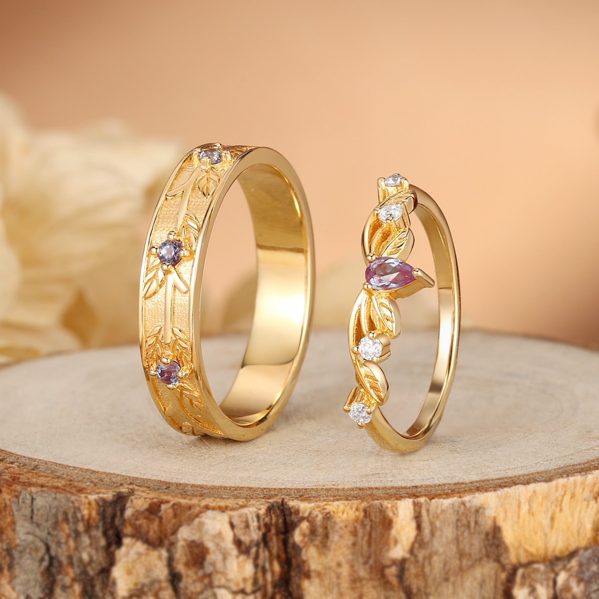 Couple Ring - Branch Engraved Leaf Alexandrite Bands For Men & Women 2pcs