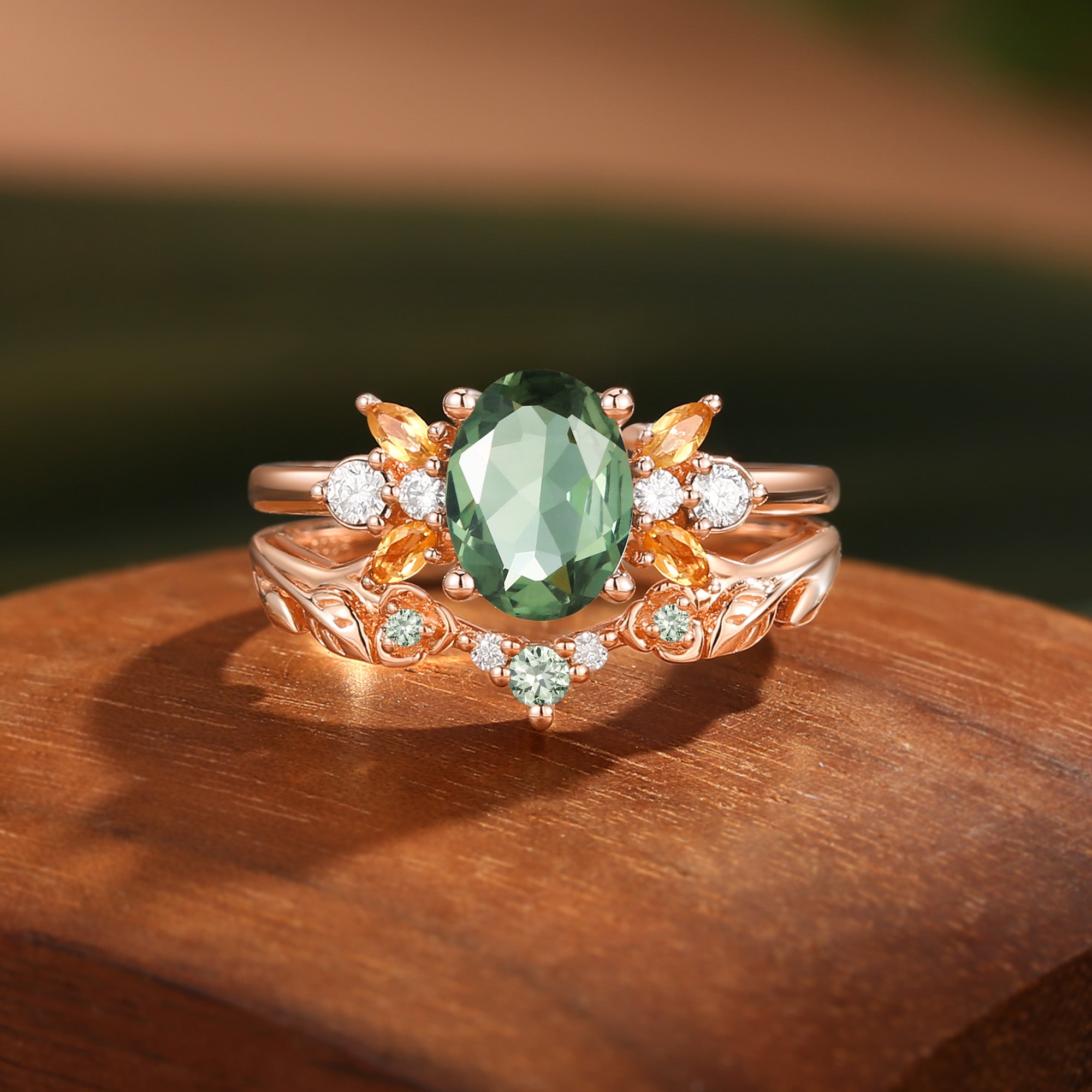 Glenna - Leaf Oval Cut Lab Green Sapphire Butterfly Fairy Bridal Sets 2pcs