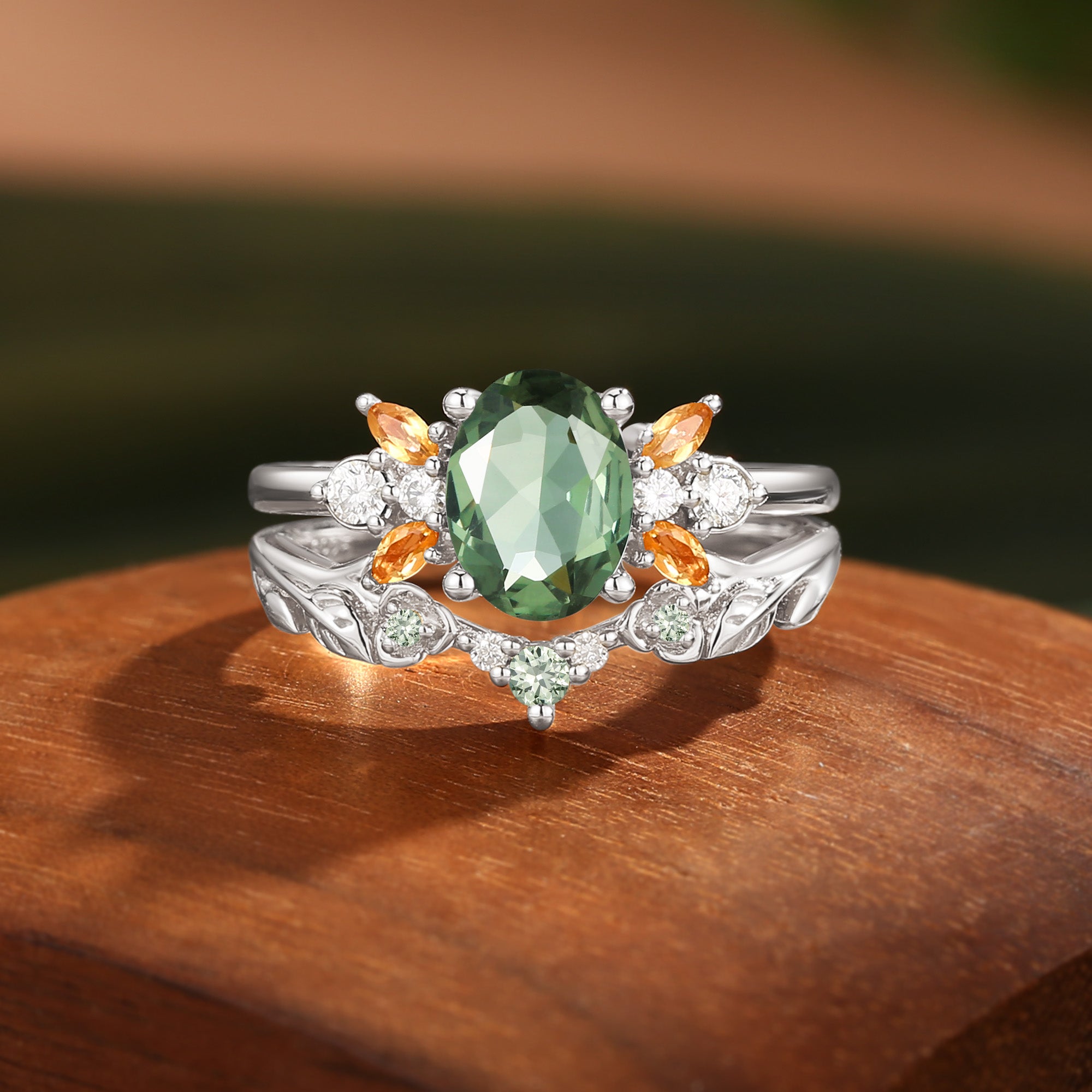 Glenna - Leaf Oval Cut Lab Green Sapphire Butterfly Fairy Bridal Sets 2pcs