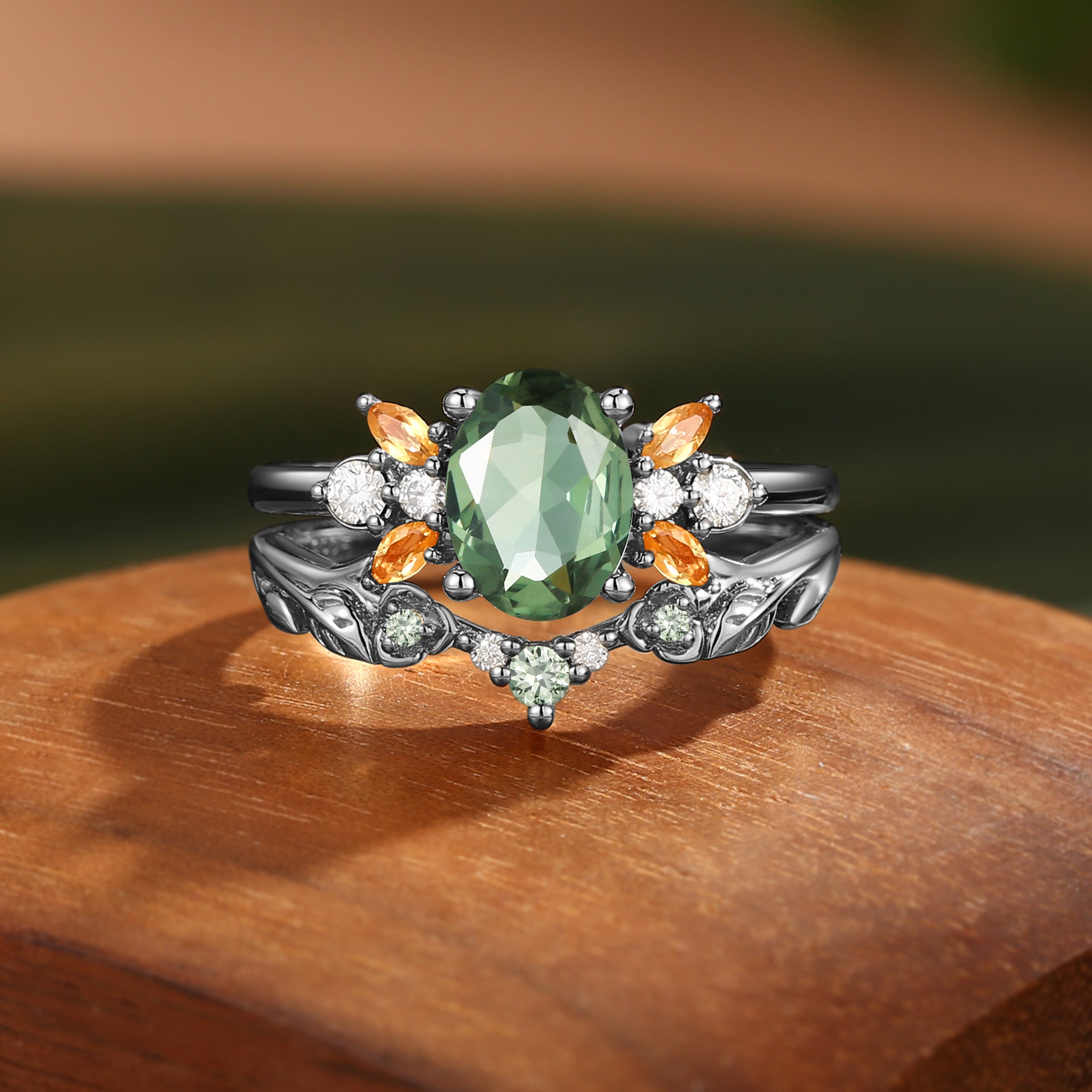 Glenna - Leaf Oval Cut Lab Green Sapphire Butterfly Fairy Bridal Sets 2pcs