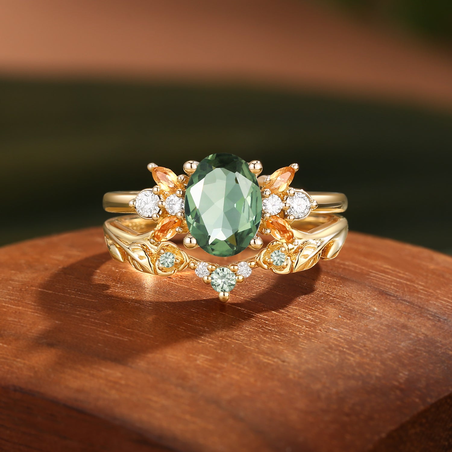 Glenna - Leaf Oval Cut Lab Green Sapphire Butterfly Fairy Bridal Sets 2pcs