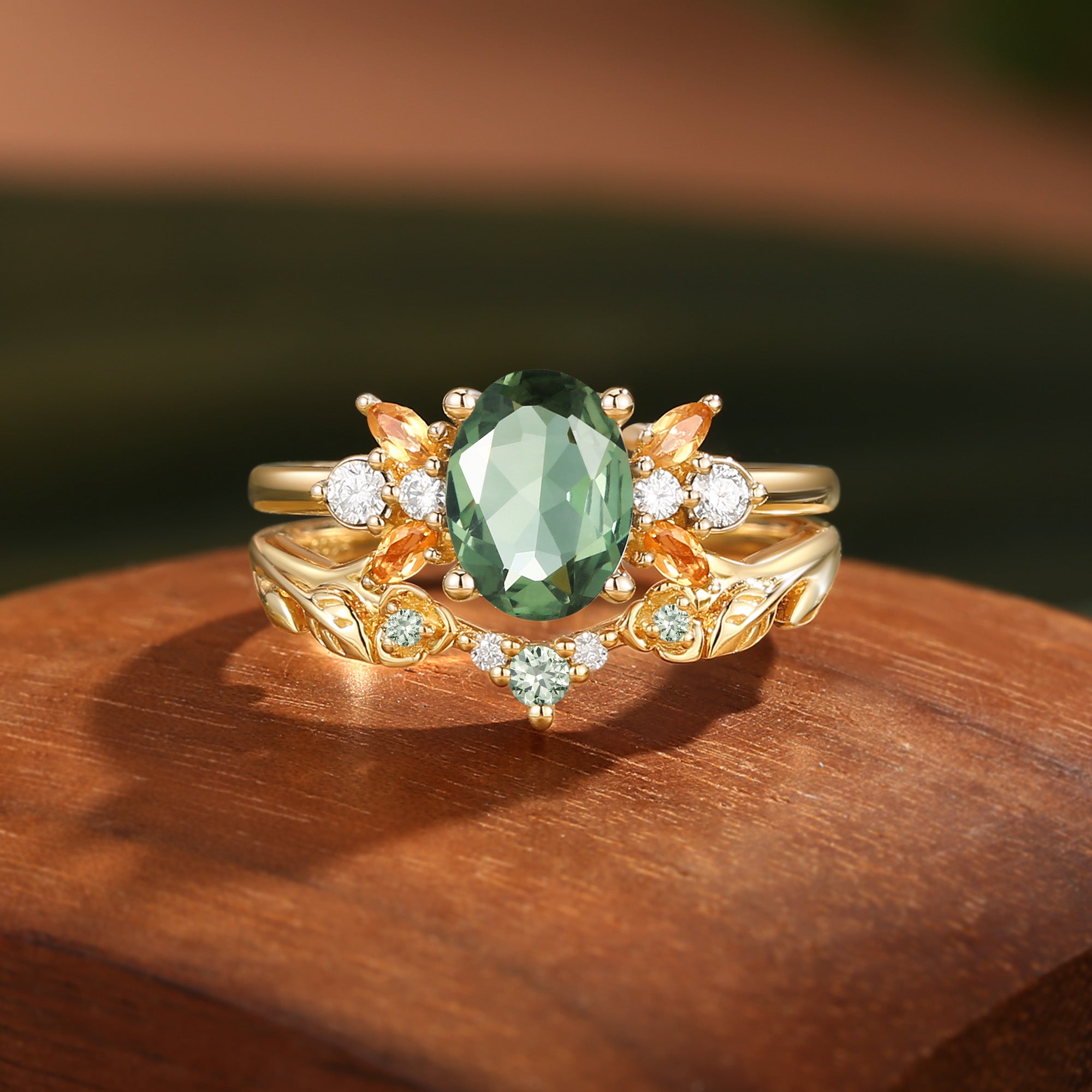 Glenna - Leaf Oval Cut Lab Green Sapphire Butterfly Fairy Bridal Sets 2pcs