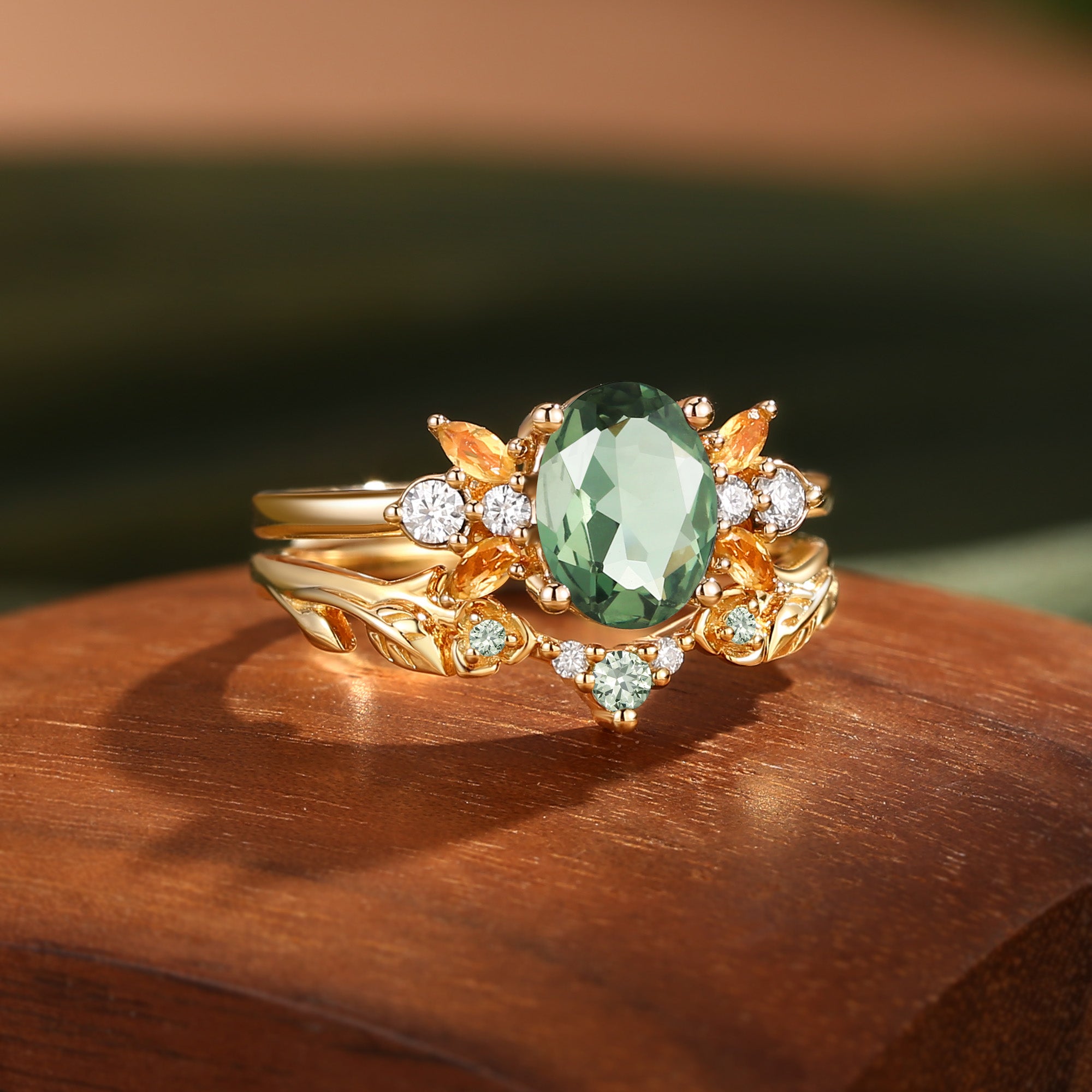 Glenna - Leaf Oval Cut Lab Green Sapphire Butterfly Fairy Bridal Sets 2pcs