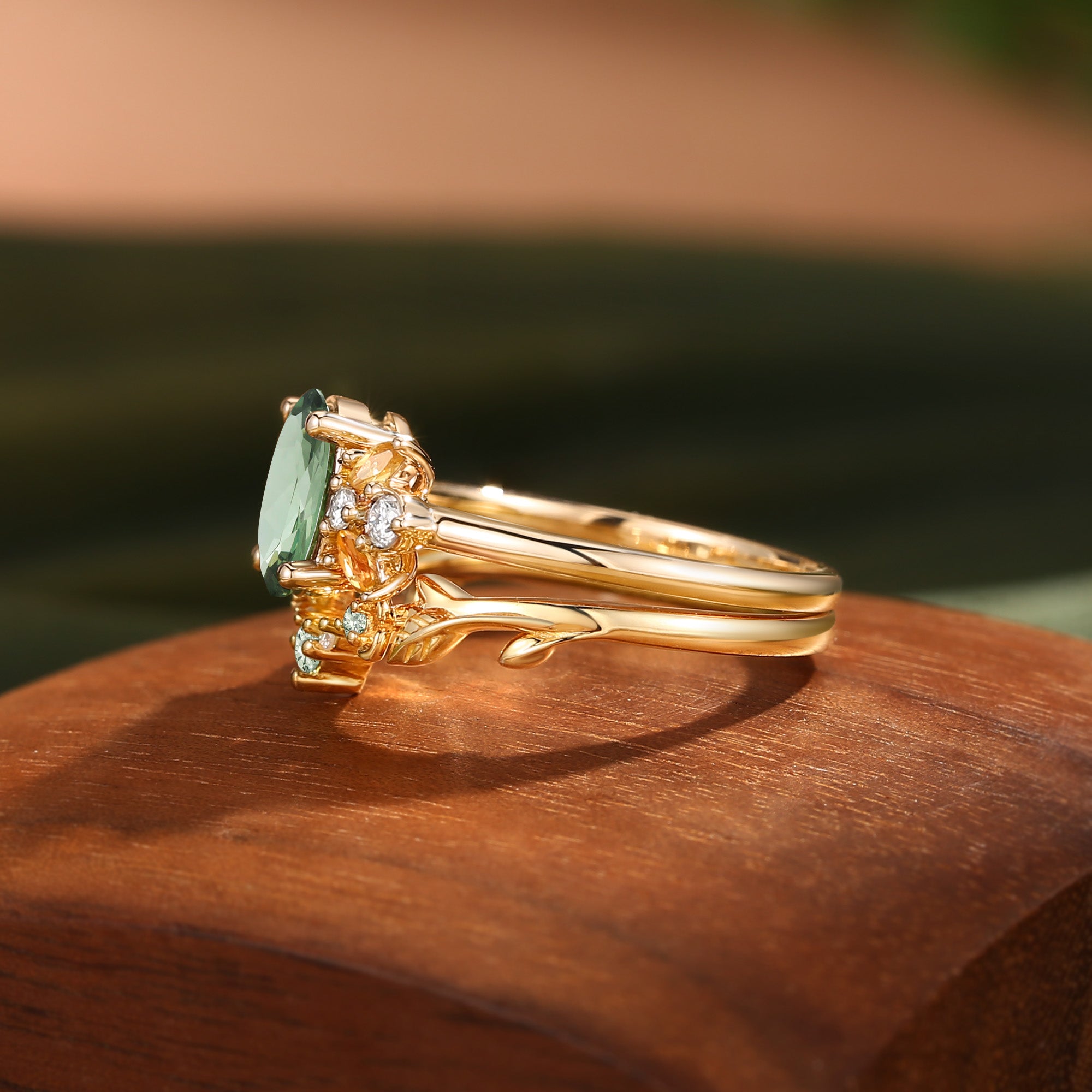 Glenna - Leaf Oval Cut Lab Green Sapphire Butterfly Fairy Bridal Sets 2pcs