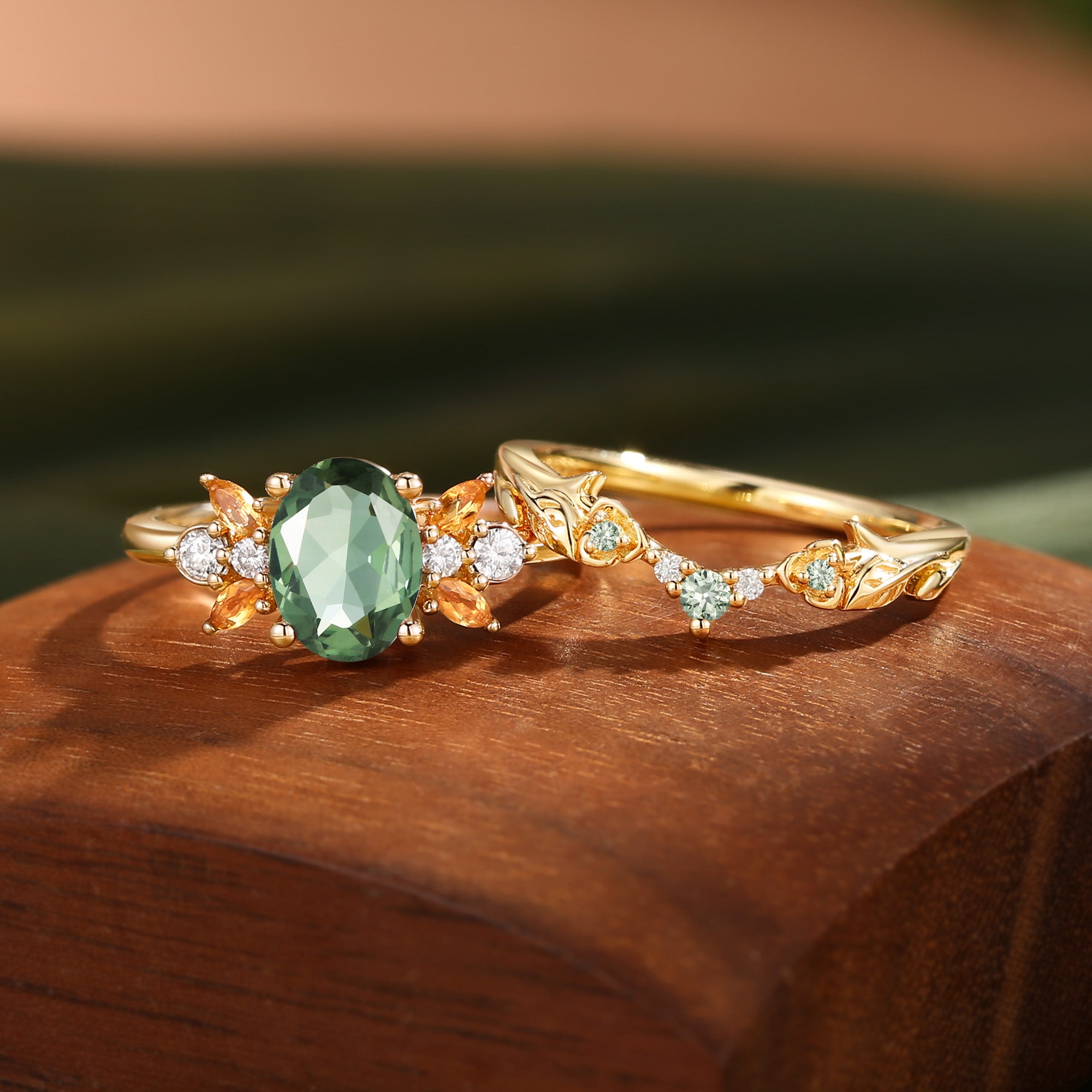 Glenna - Leaf Oval Cut Lab Green Sapphire Butterfly Fairy Bridal Sets 2pcs