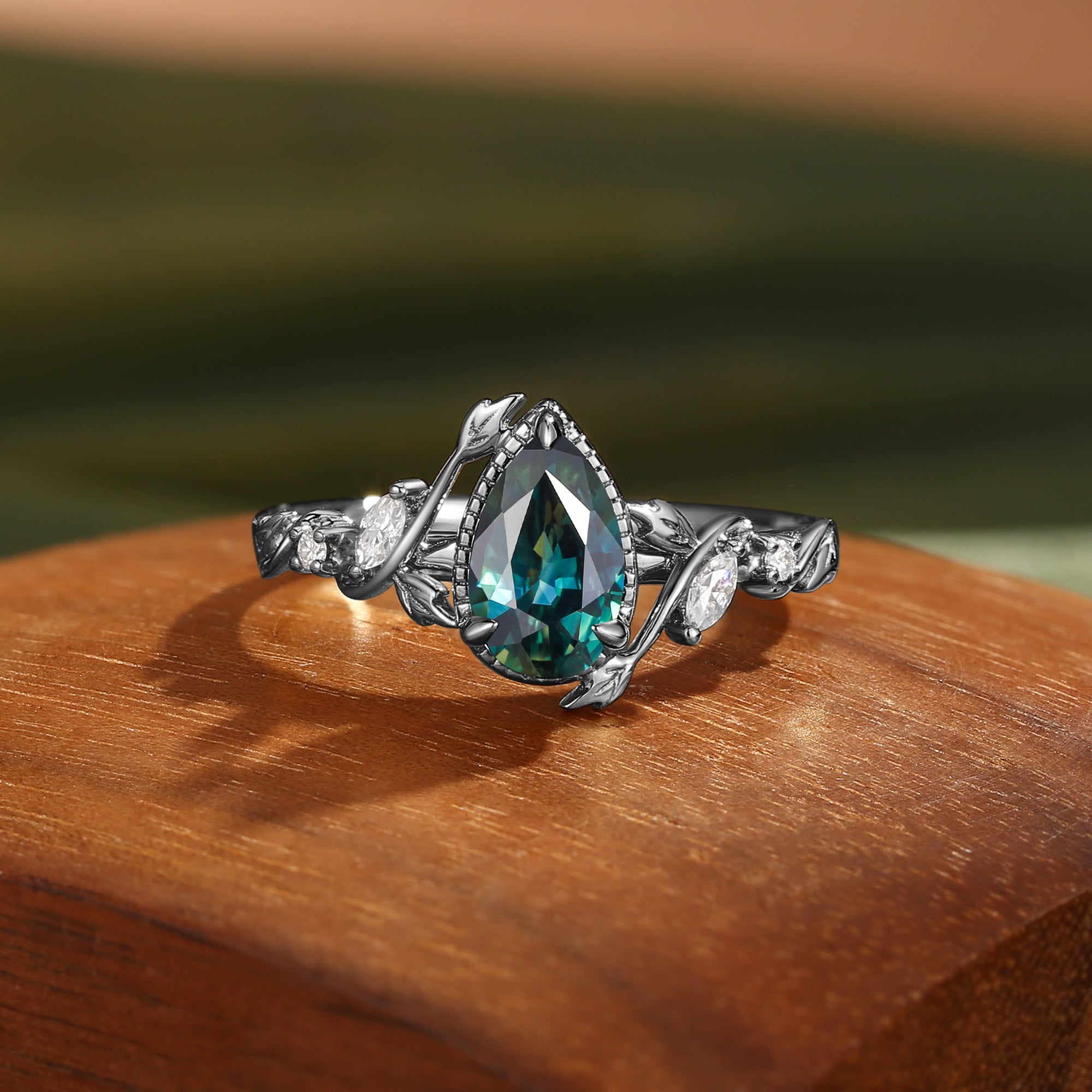 Cranberry - Nature Inspired Natural Blue Green Sapphire Engagement Ring