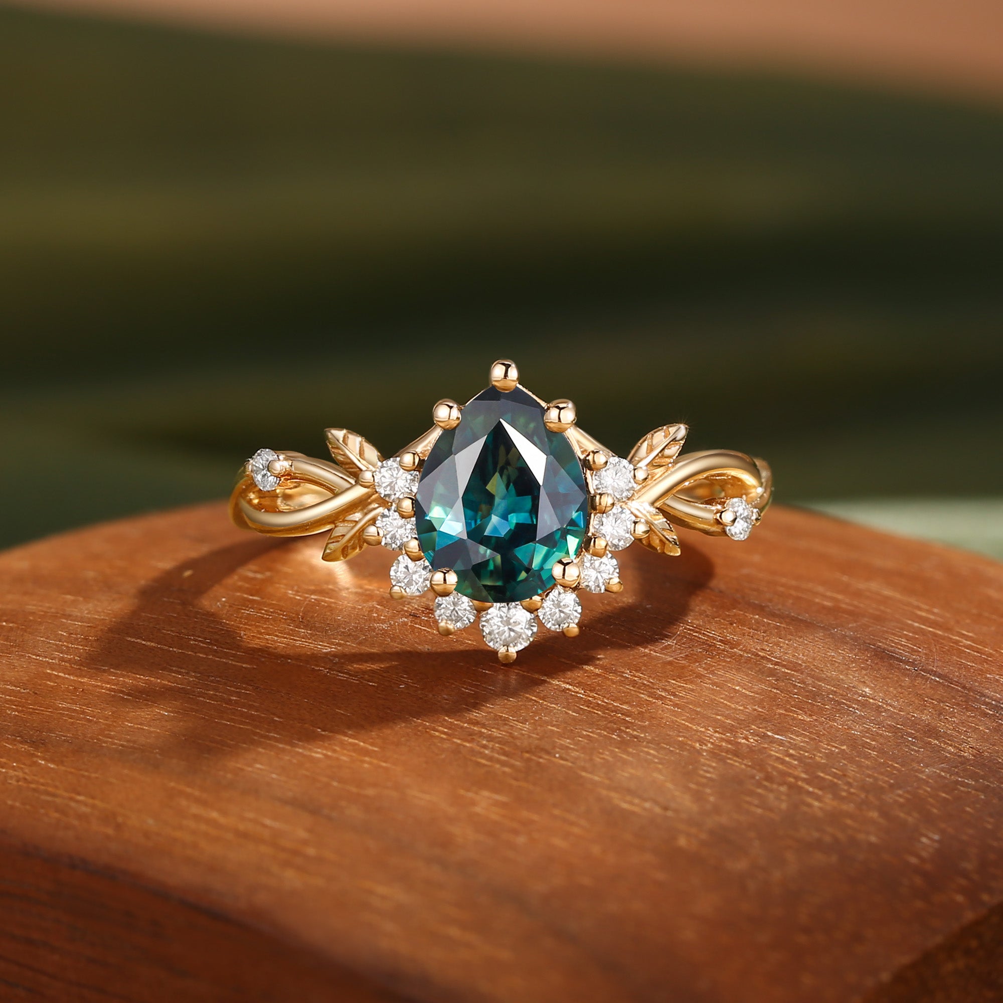 Drisana - 14K Pear Cut Natural Blue Green Sapphire Engagement Ring