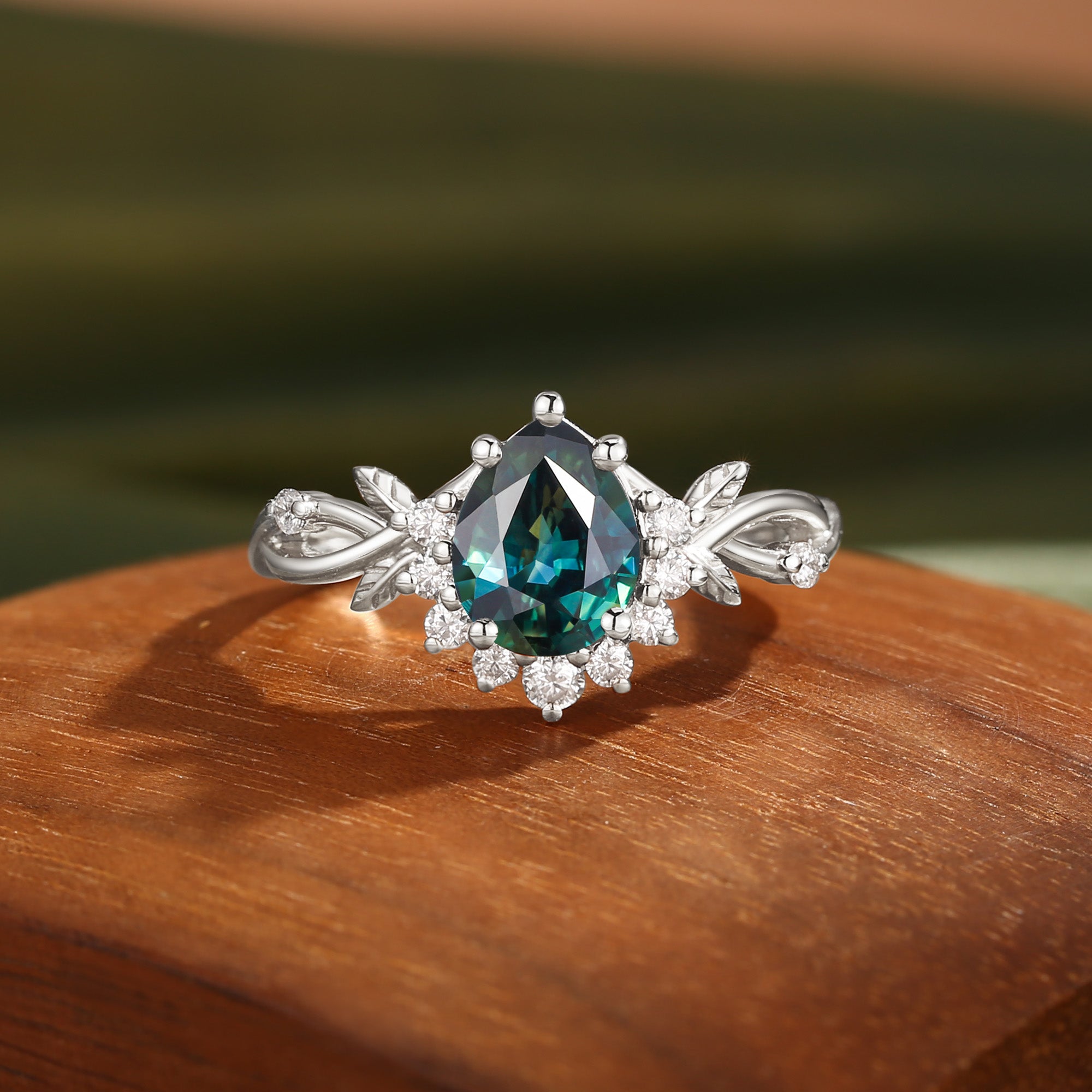 Drisana - 14K Pear Cut Natural Blue Green Sapphire Engagement Ring