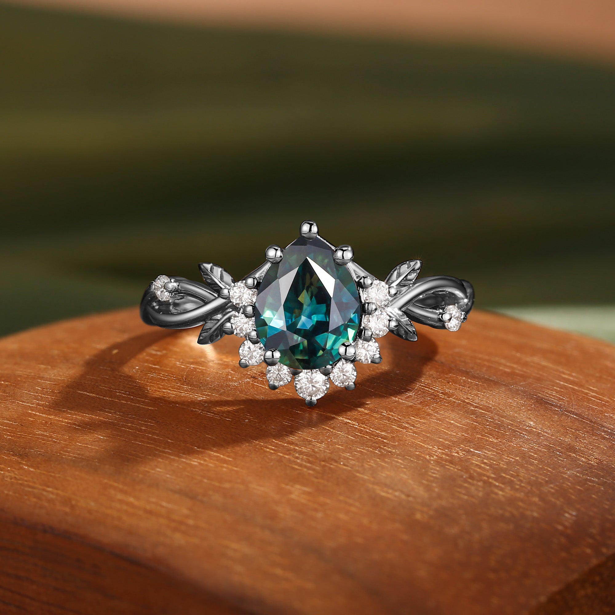 Drisana - 14K Pear Cut Natural Blue Green Sapphire Engagement Ring