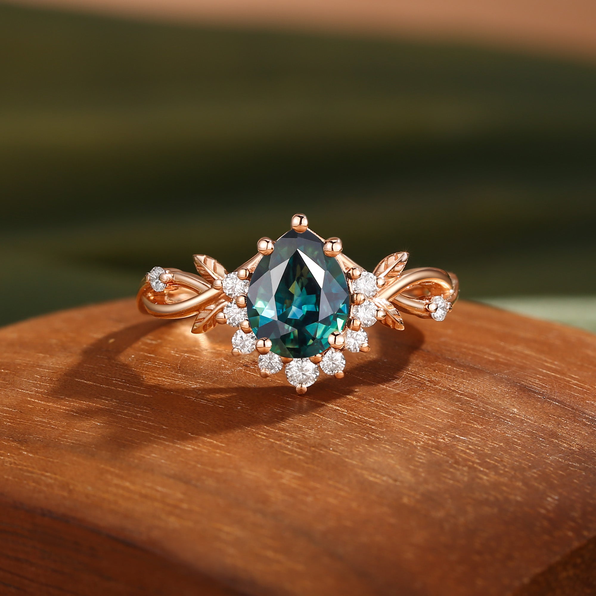 Drisana - 14K Pear Cut Natural Blue Green Sapphire Engagement Ring