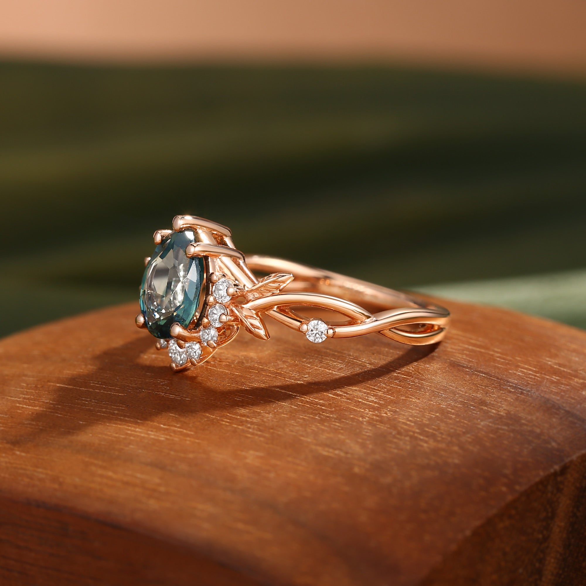 Drisana - 14K Pear Cut Natural Blue Green Sapphire Engagement Ring