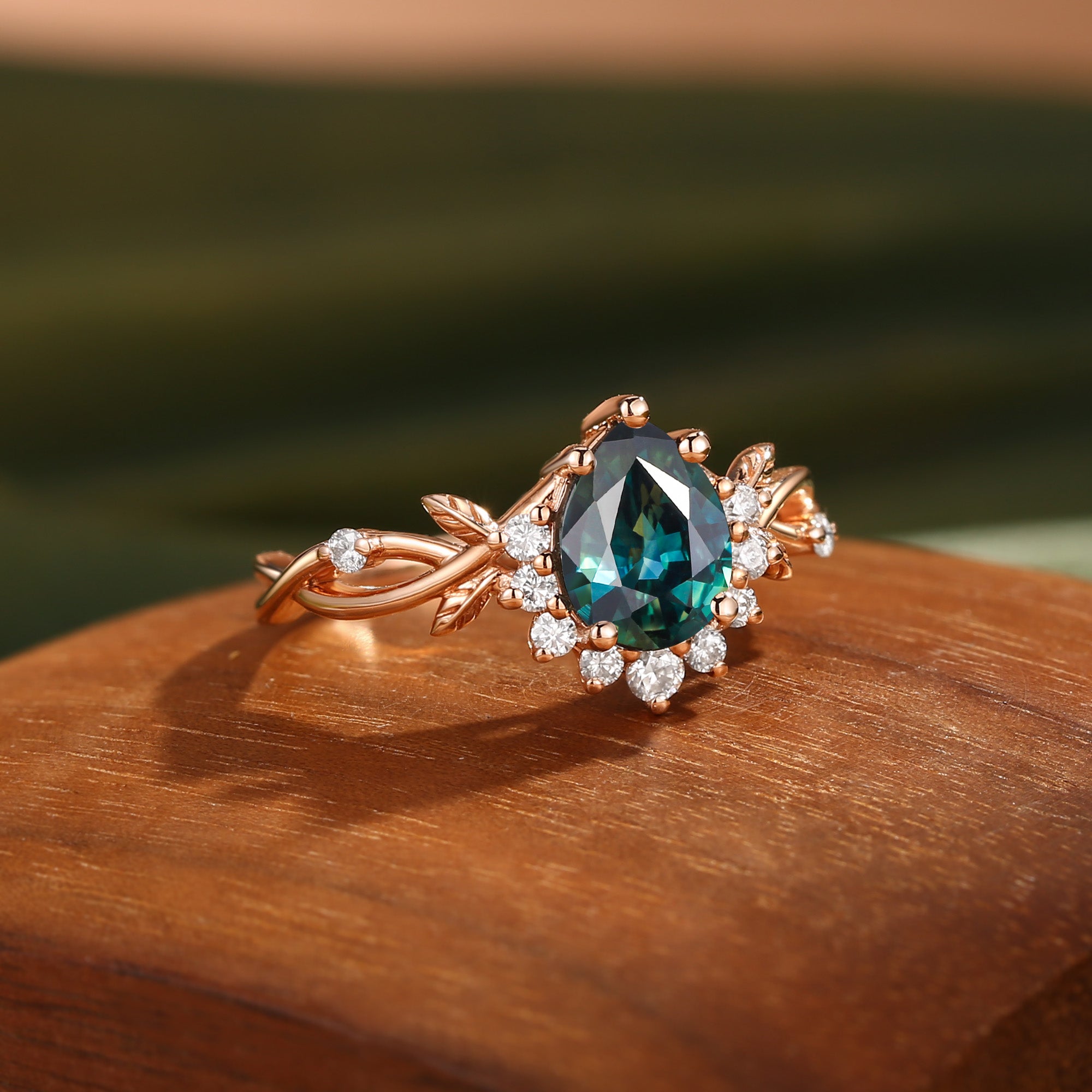 Drisana - 14K Pear Cut Natural Blue Green Sapphire Engagement Ring