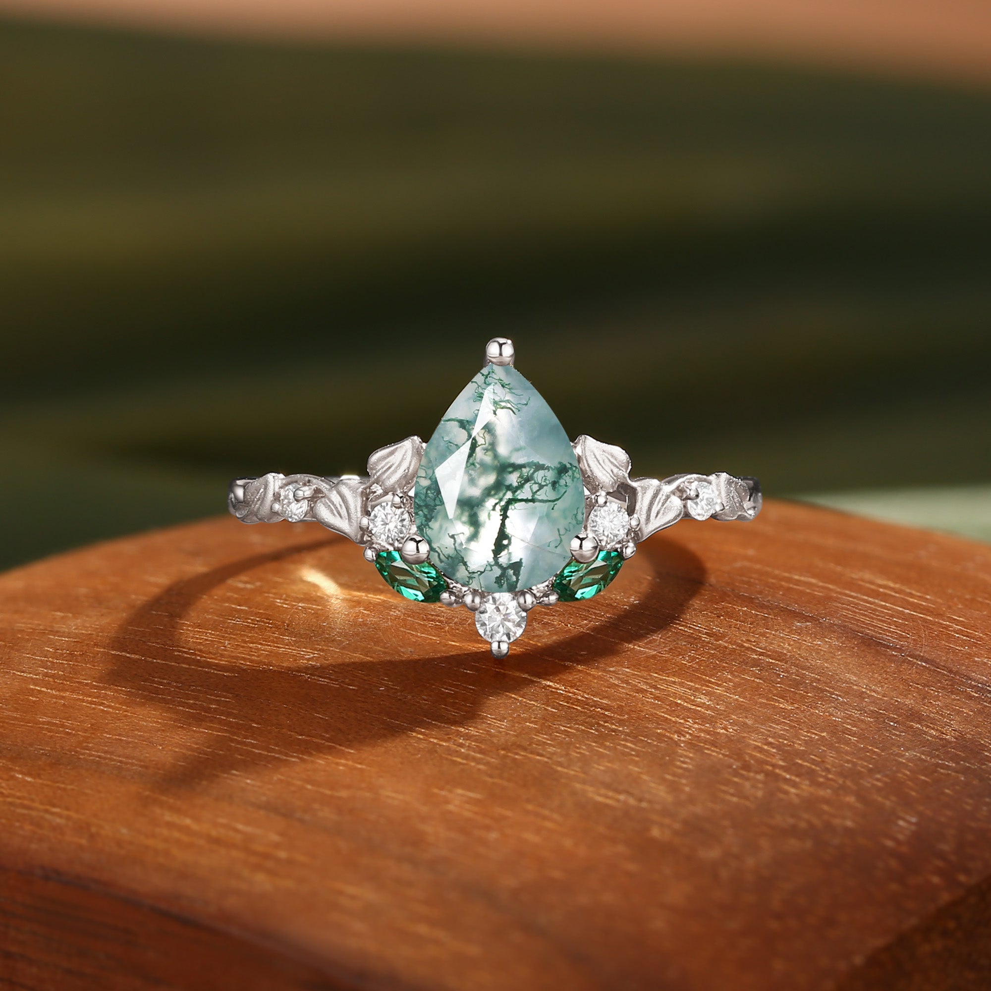 Hedera -  Heart Leaf Moss Agate Engagement Ring