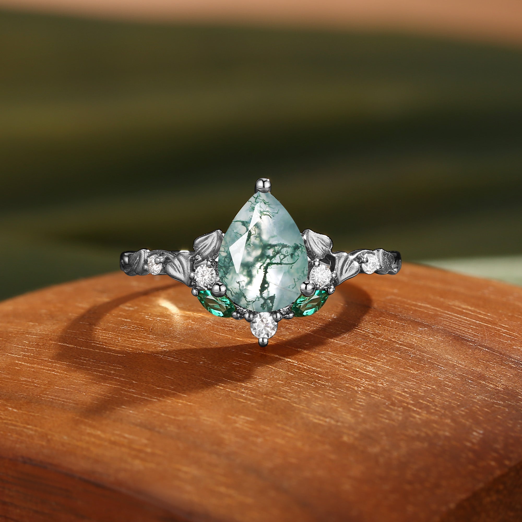 Hedera -  Heart Leaf Moss Agate Engagement Ring