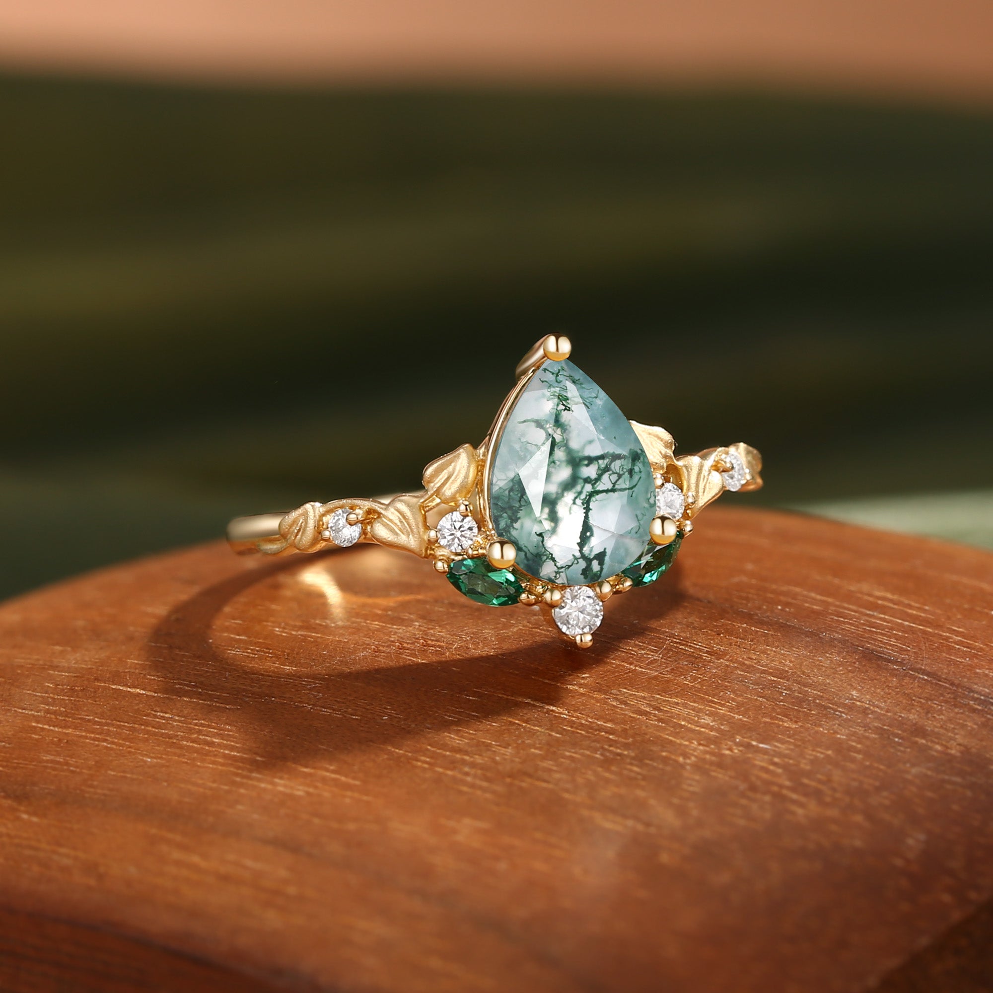 Hedera -  Heart Leaf Moss Agate Engagement Ring