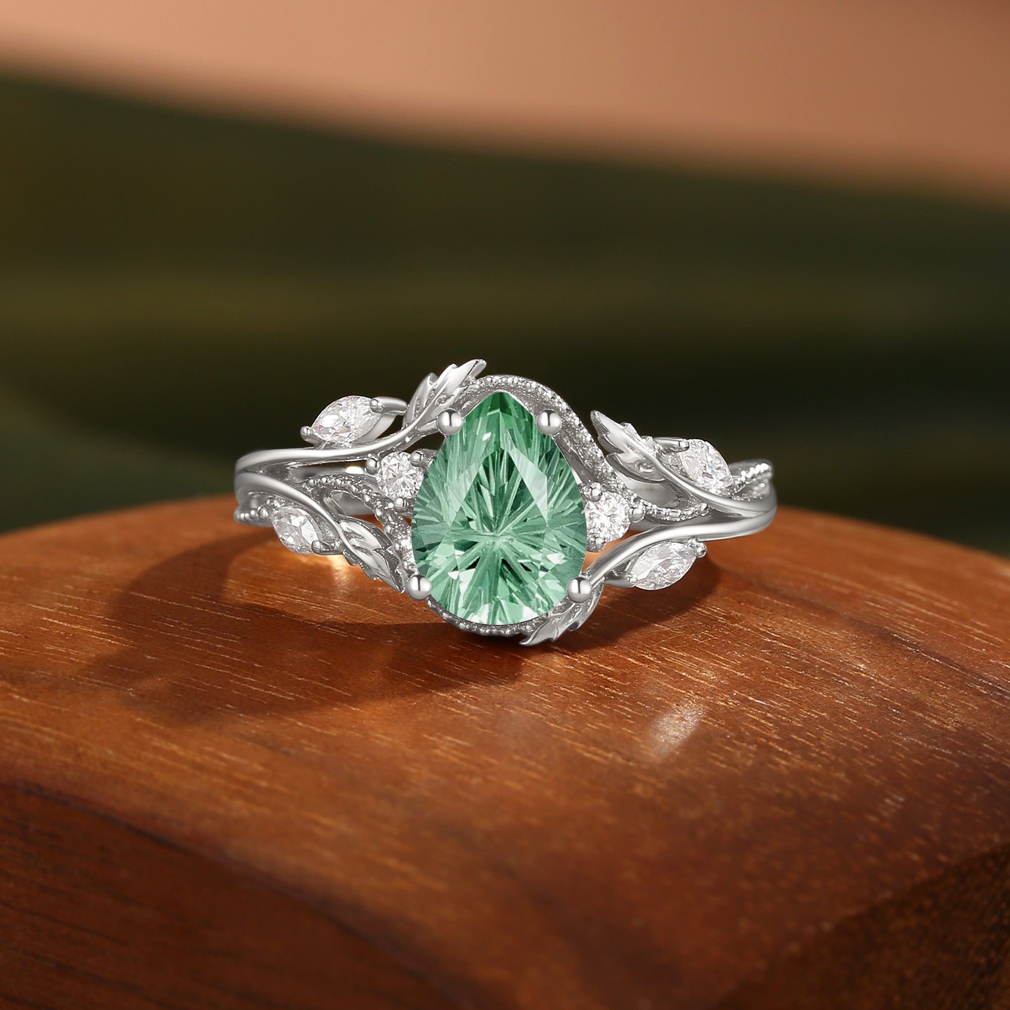 Hesper - Filigree Leafy Pear Firework Cut Green Sapphire Engagement Ring