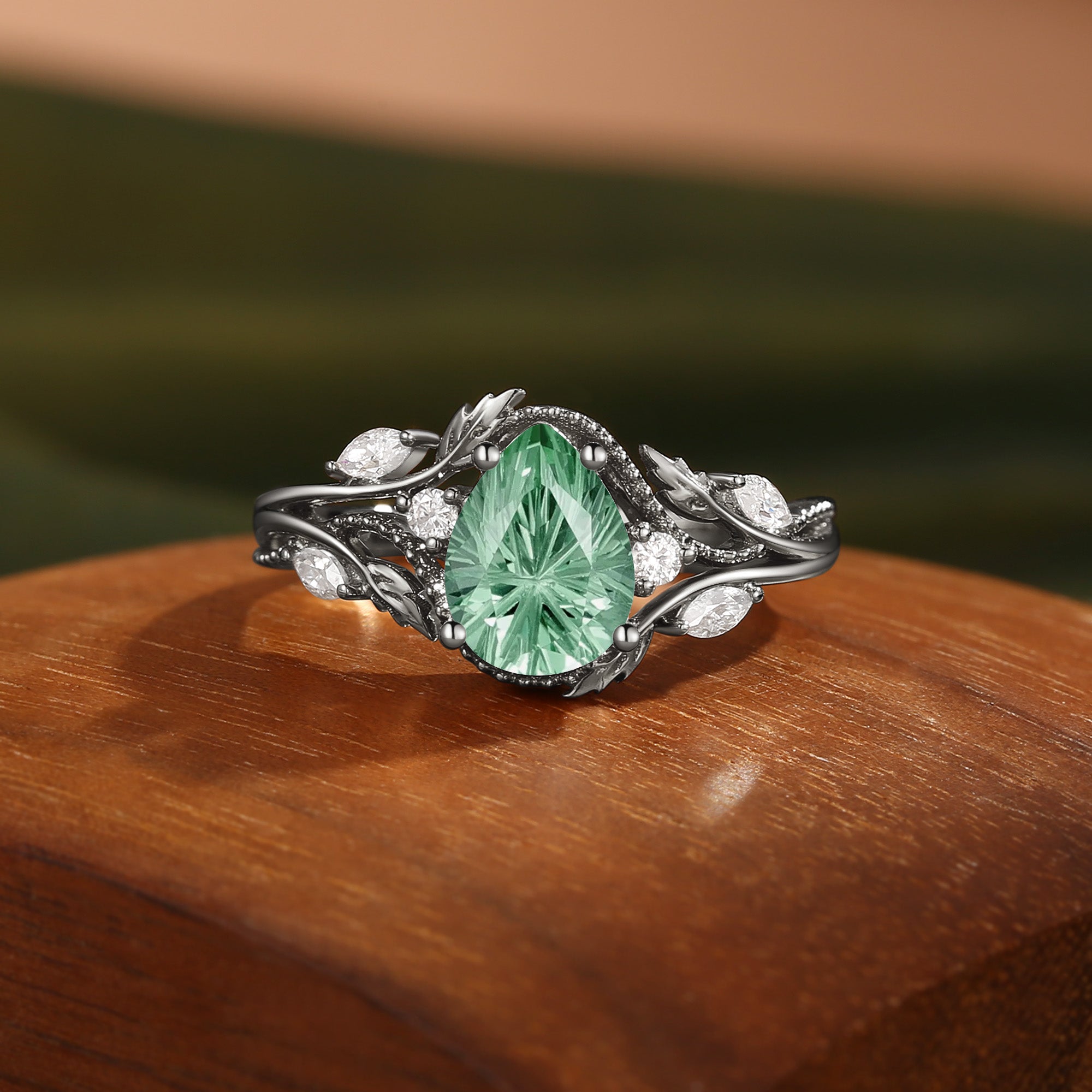 Hesper - Filigree Leafy Pear Firework Cut Green Sapphire Engagement Ring