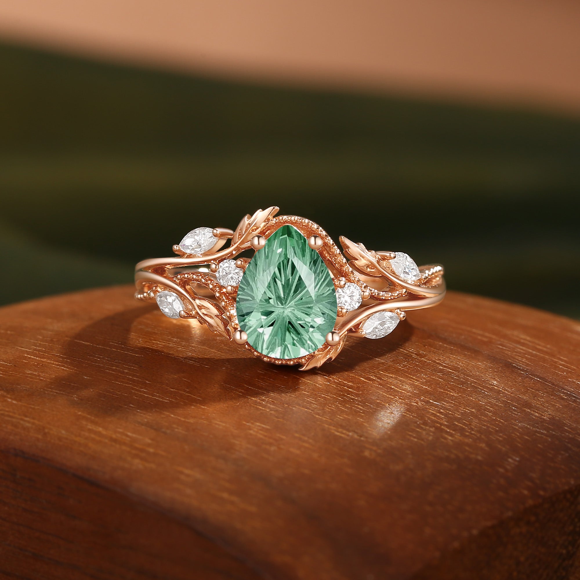 Hesper - Filigree Leafy Pear Firework Cut Green Sapphire Engagement Ring
