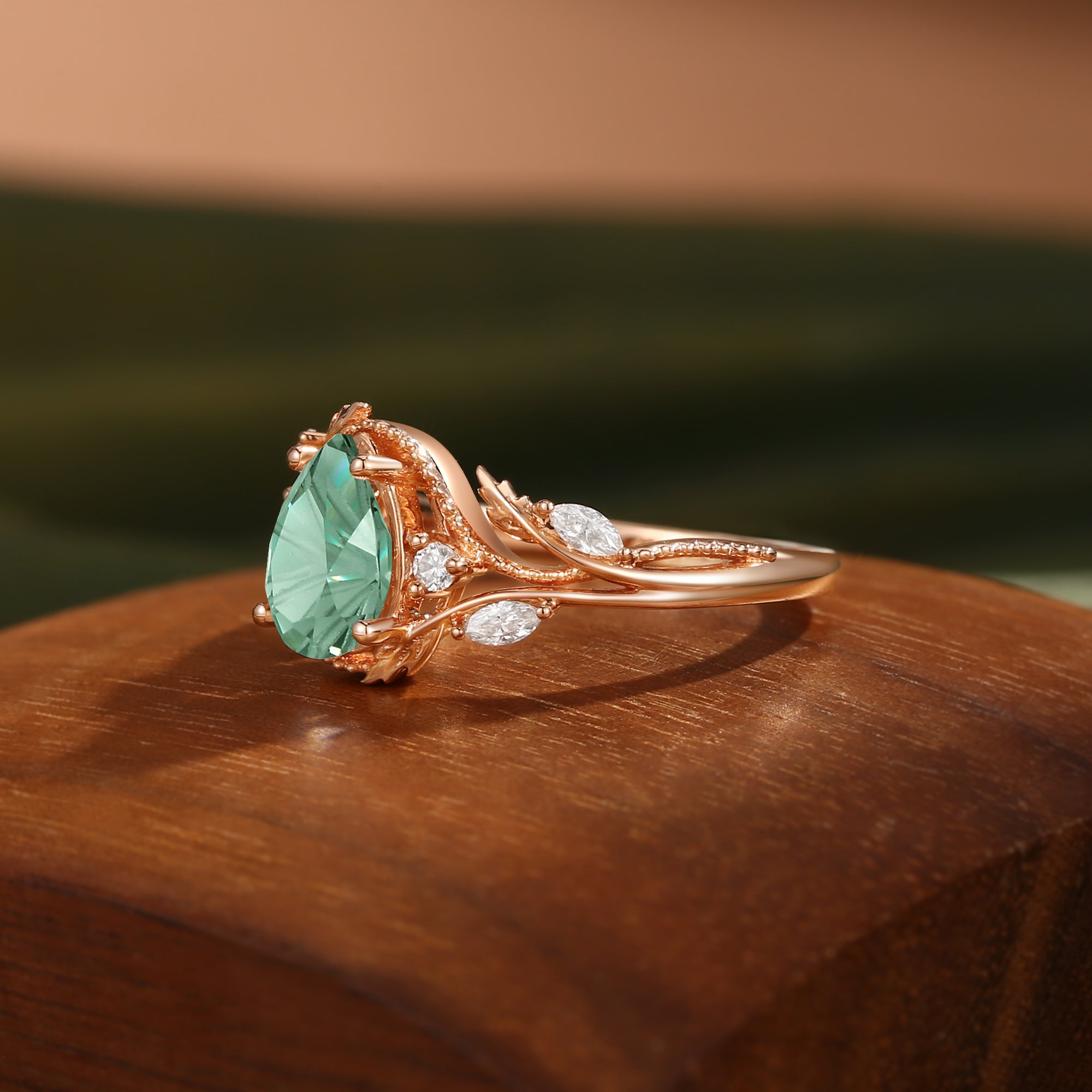 Hesper - Filigree Leafy Pear Firework Cut Green Sapphire Engagement Ring