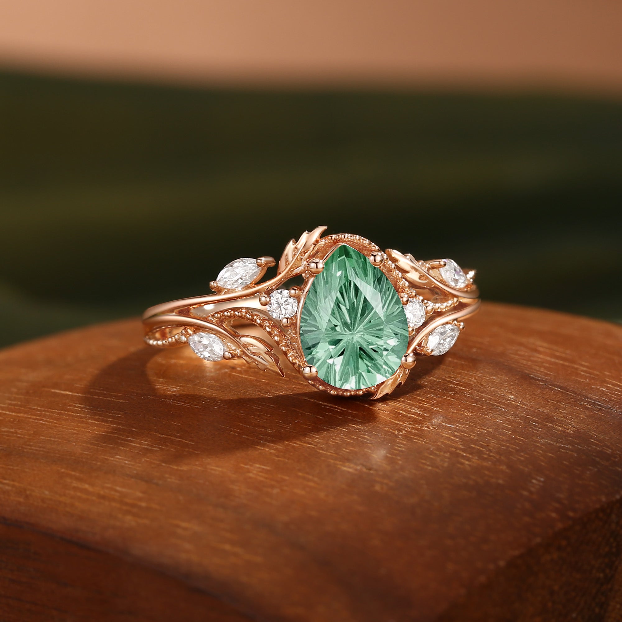 Hesper - Filigree Leafy Pear Firework Cut Green Sapphire Engagement Ring