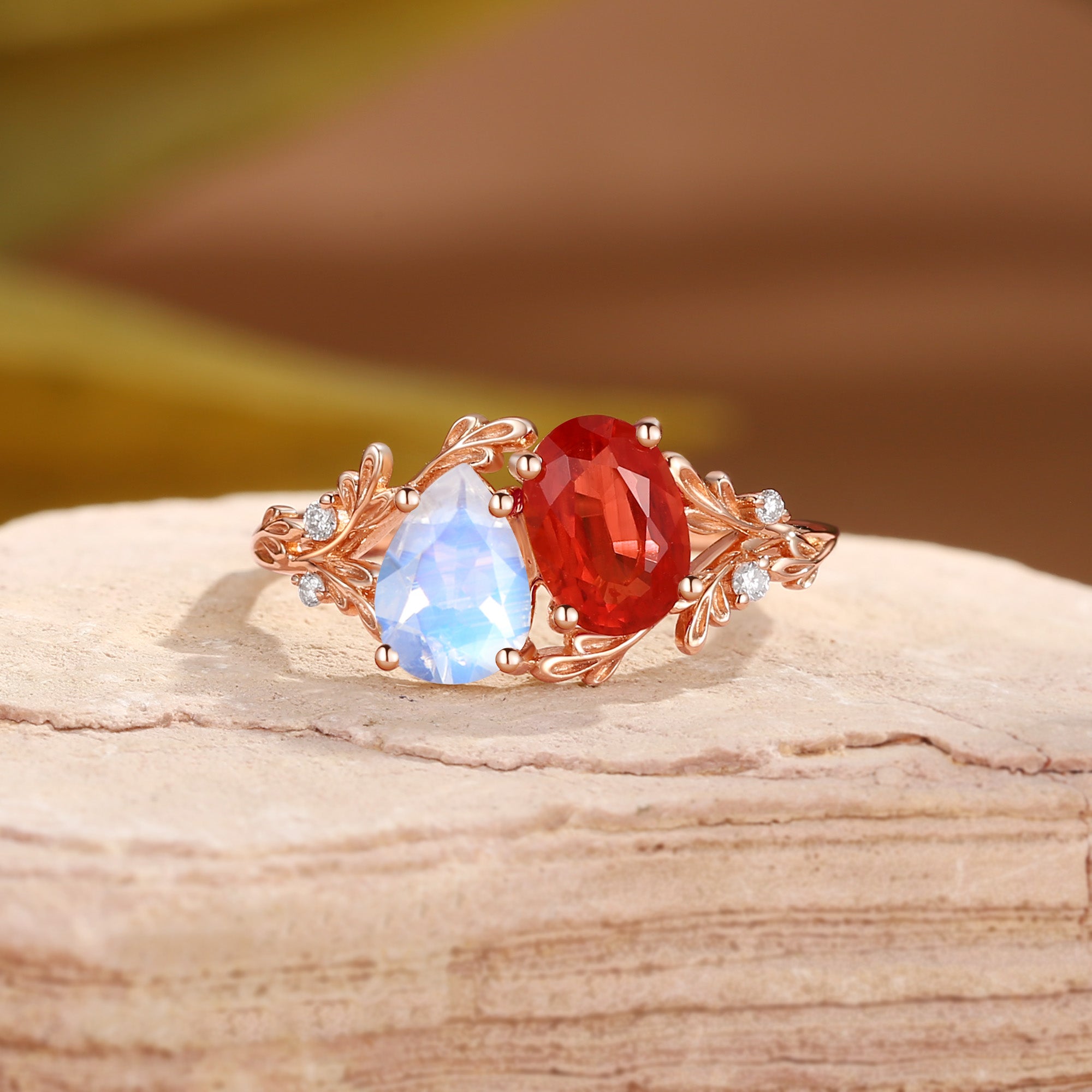 Isolde - Toi Et Moi Moonstone & Sunstone Leaf Two Stone Engagement Ring